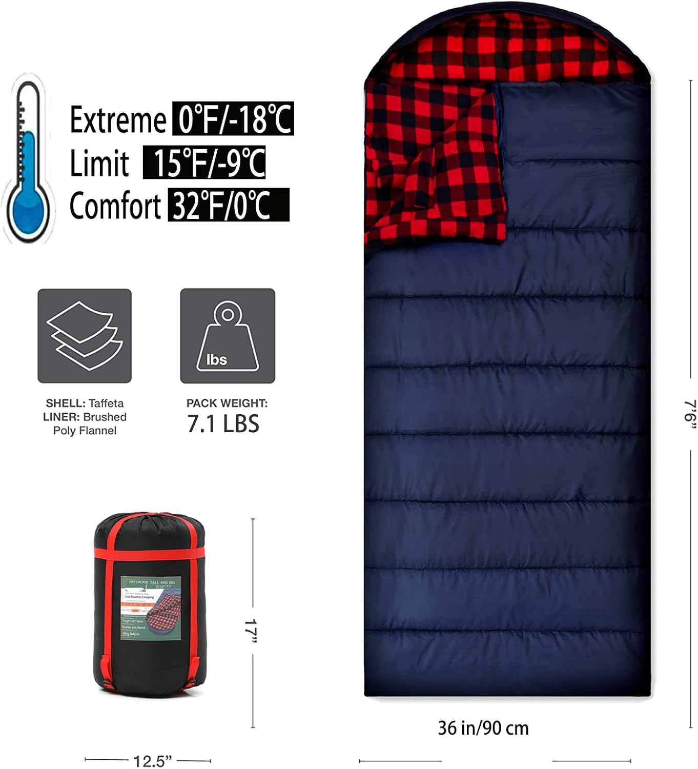 PALLYGO 0 Degree Sleeping Bag Cotton Flannel Sleeping Bags for Adults Cold Weather Camping Winter Zero Degree Warm Weather Big and Tall