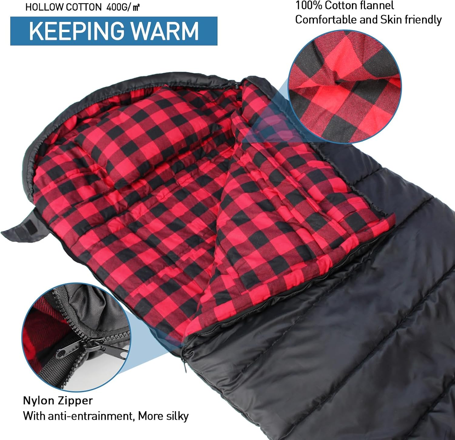 Alternative view of Keencamp 0 Degree Sleeping Bag Cotton Flannel Winter Cold Weather for Adults XXL Sleeping Bag 4 Season Big and Tall with Pillow Compression Sack