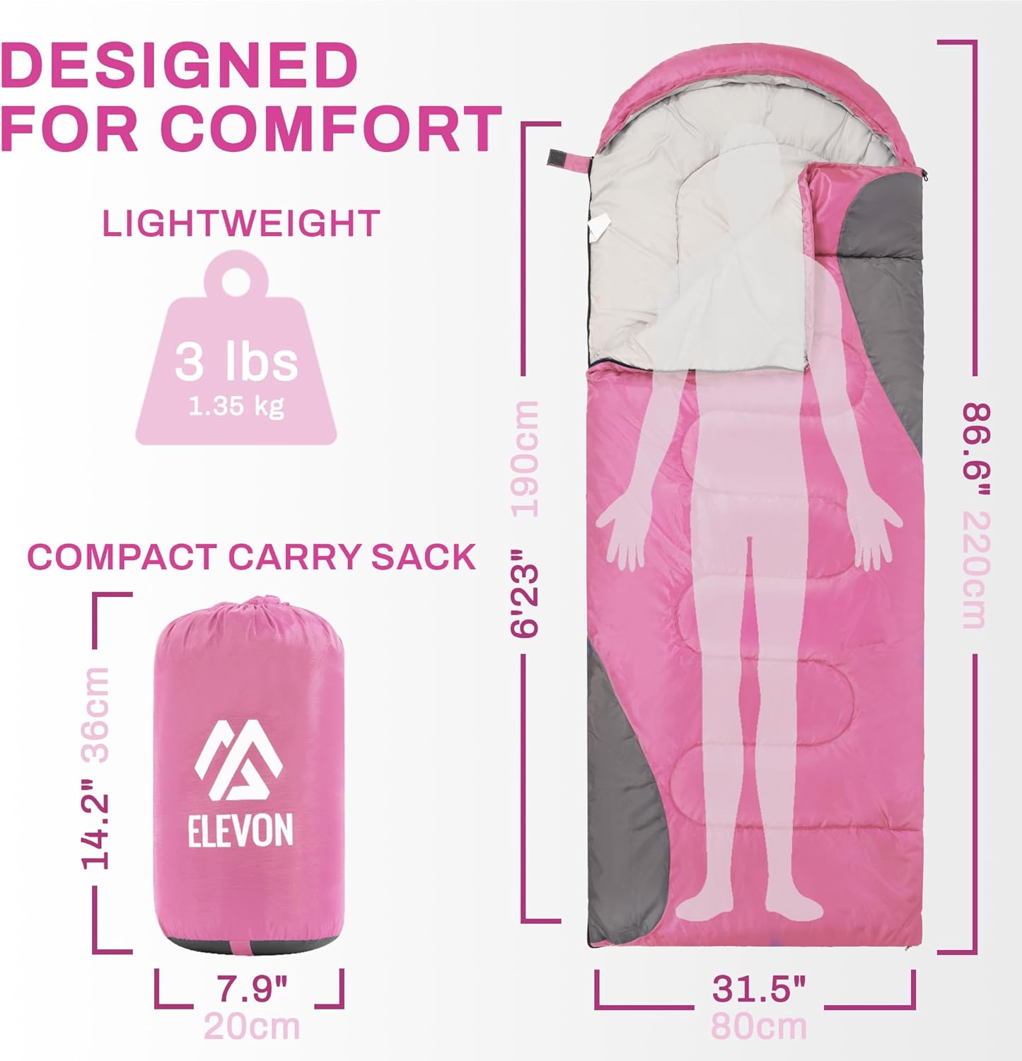 Elevon Double Sleeping Bag 2 Pillows for Adults, Queen Size XL Sleeping Bag Waterproof, Compact with Compression Sack, 2 Person Sleeping Bags Cold Warm Weather- 3 Seasons, Backpacking, Hiking, Travel