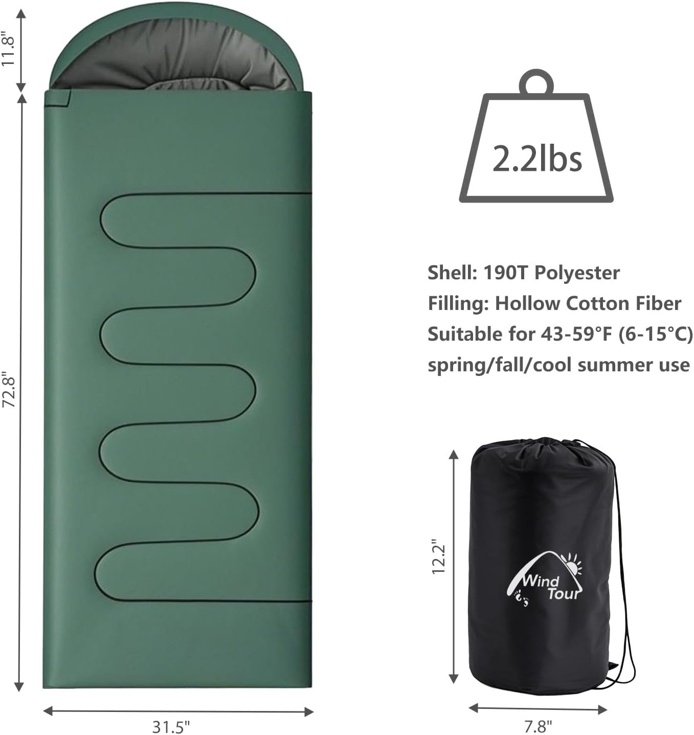Wind Tour 3 Season Lightweight Waterproof Sleeping Bag Indoor & Outdoor for Hiking Backpacking Camping Traveling