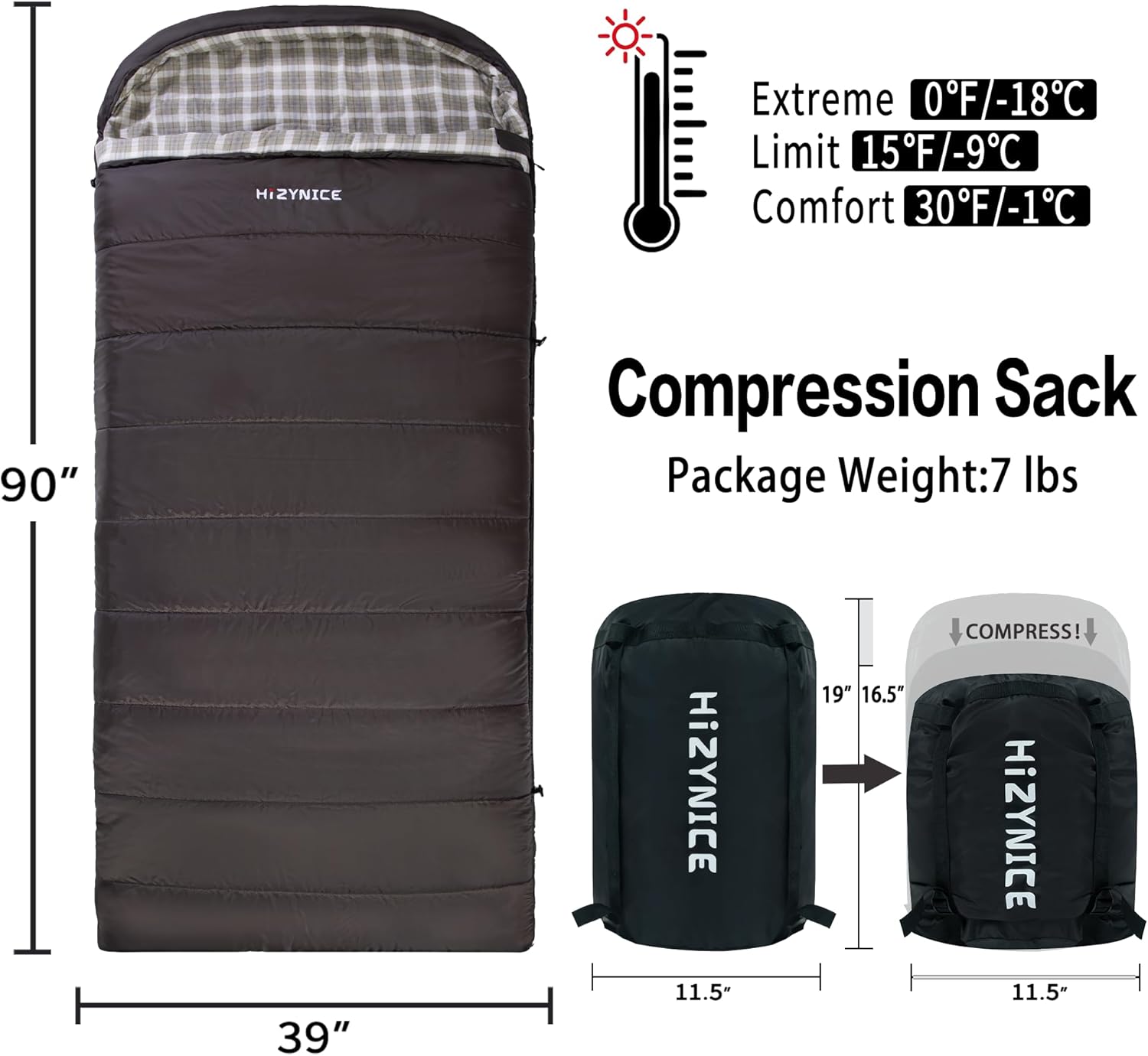 HiZYNICE Cold Weather Sleeping Bag 100% Cotton Flannel XXL for Adults Big and Tall,Free Compression Sack