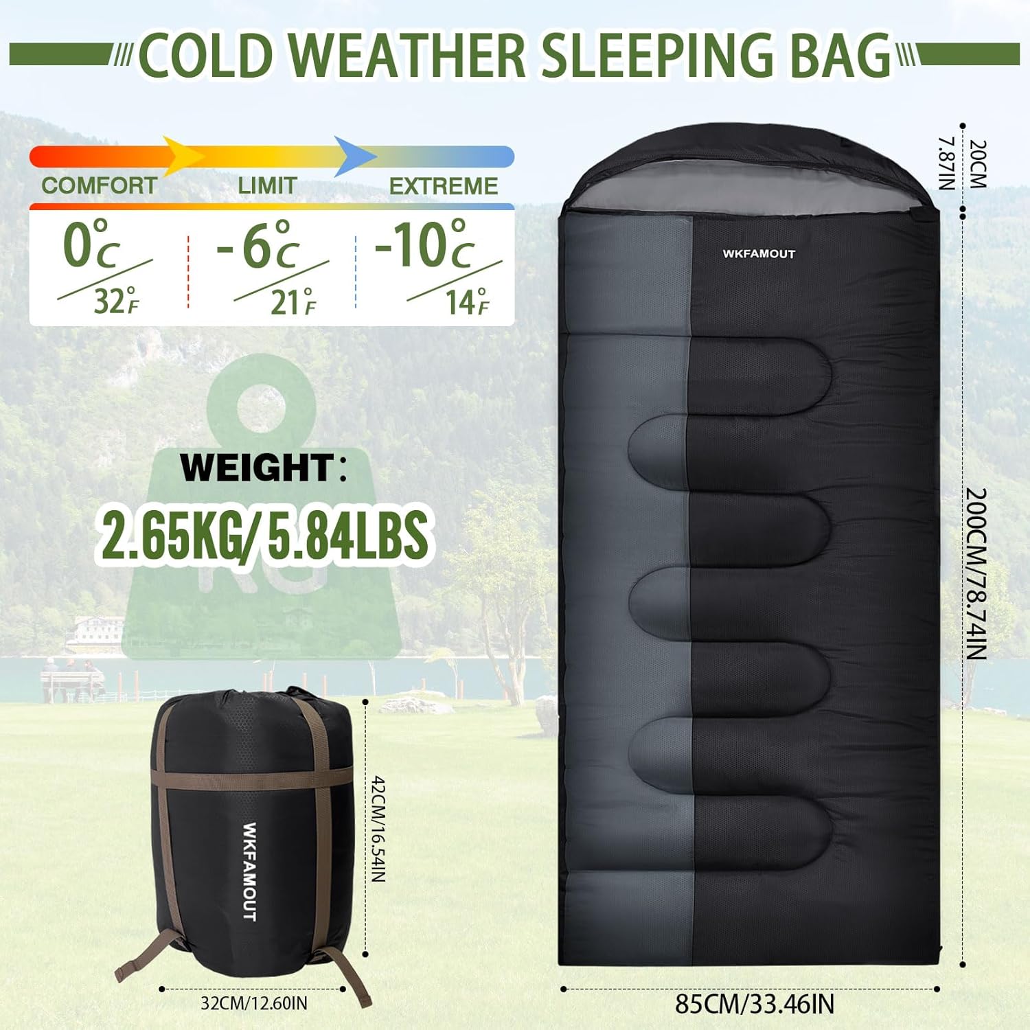 WKFAMOUT XL 10 Degree Sleeping Bags Waterproof for Adults 350GSM Machine Washable with Compression Sack for 3-4 Season Camping Outdoor