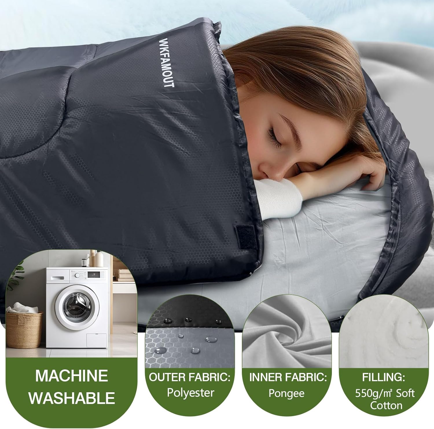 Alternative view of WKFAMOUT XL 10 Degree Sleeping Bags Waterproof for Adults 350GSM Machine Washable with Compression Sack for 3-4 Season Camping Outdoor