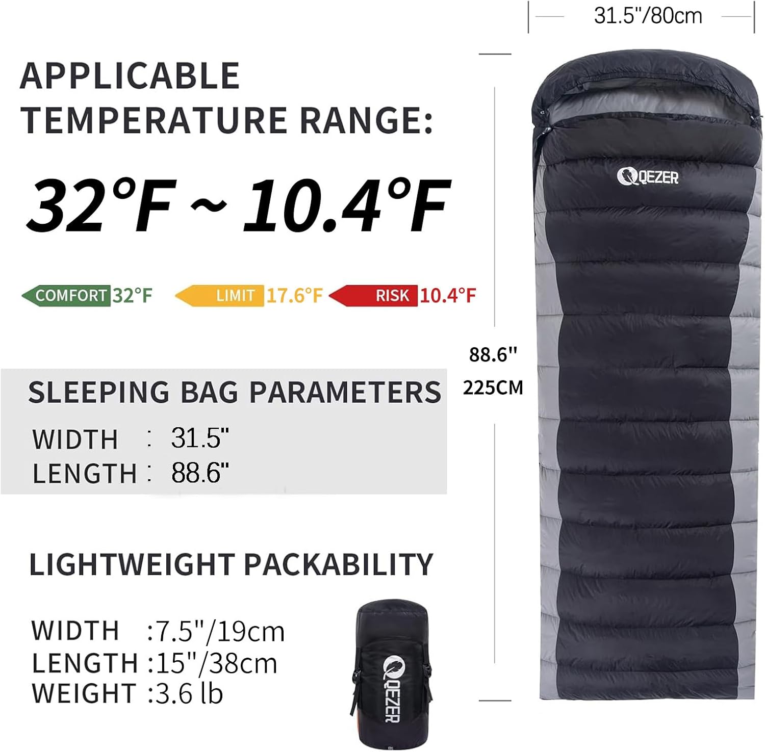 QEZER Ultralight Down Sleeping Bag for Adults - 600 Fill Power, Cold Weather, Backpacking, Camping, Hiking