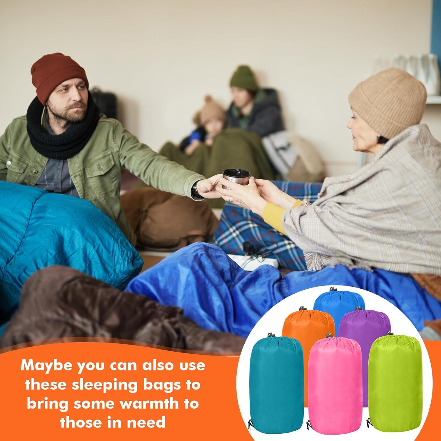 Macarrie 6 Pack Bulk Sleeping Bags for Homeless Donation, 0 Degree Waterproof Sleeping Bags with Compression Sack for Adults Winter Cold Weather Care Camping Hiking Emergency