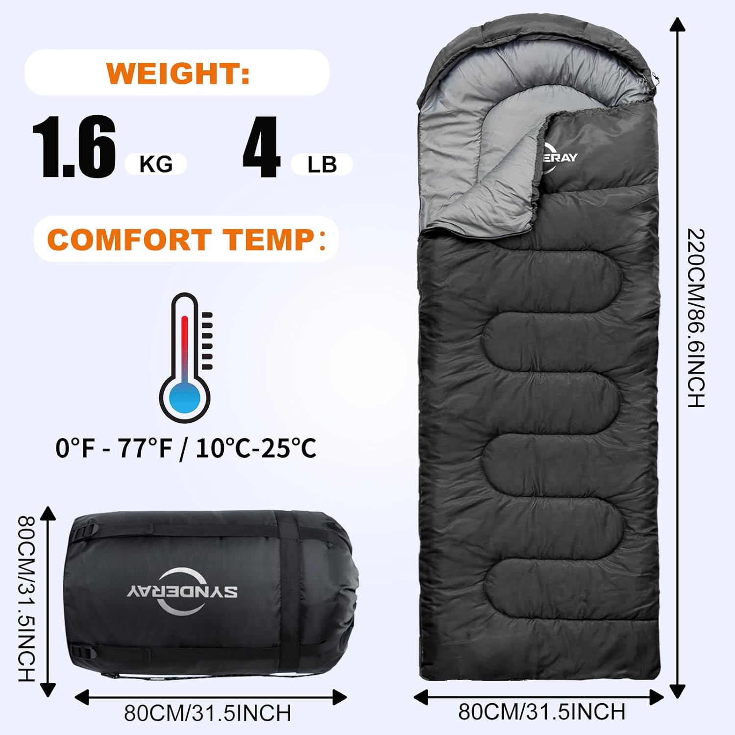 Synderay Sleeping Bags for Adults Cold Weather & Warm - Backpacking Camping Sleeping Bag for Kids 10-12, Girls, Boys - Lightweight Compact with Compression Sack