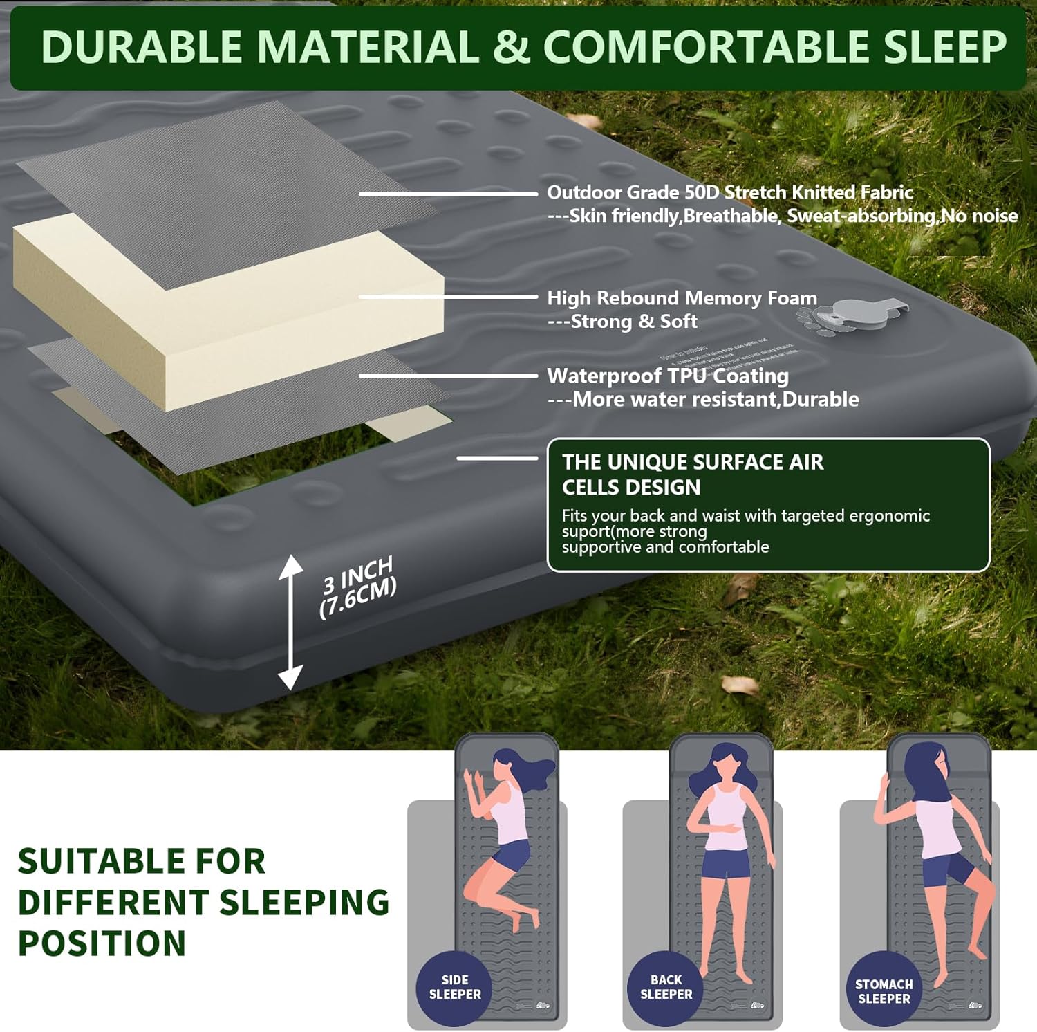 Alternative view of HiiPeak Memory Sleeping Pad, Compact 3" Thick Foam Sleeping Mats with Pillow, 9.5 R-Value Insulated Camping Mattress Pad, Easy Inflate & Deflate, Inflatable Sleep Mat for Backpacking Hiking Car Tent