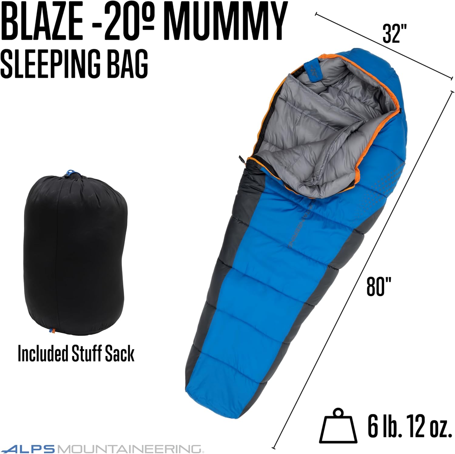 ALPS Mountaineering Blaze -20° Mummy Sleeping Bag, Regular - Blue/Charcoal/Gray/Orange