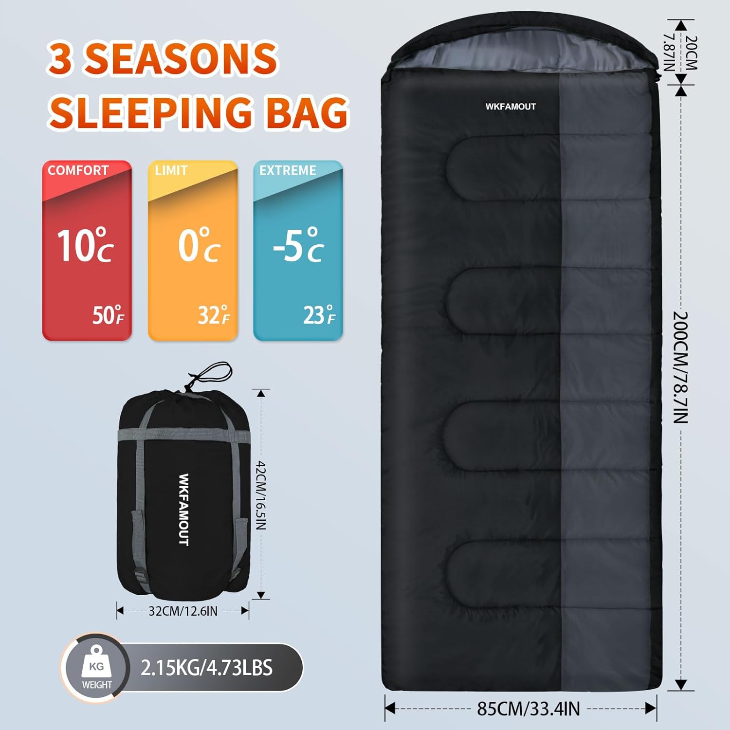 WKFAMOUT XL 10 Degree Sleeping Bags Waterproof for Adults 350GSM Machine Washable with Compression Sack for 3-4 Season Camping Outdoor