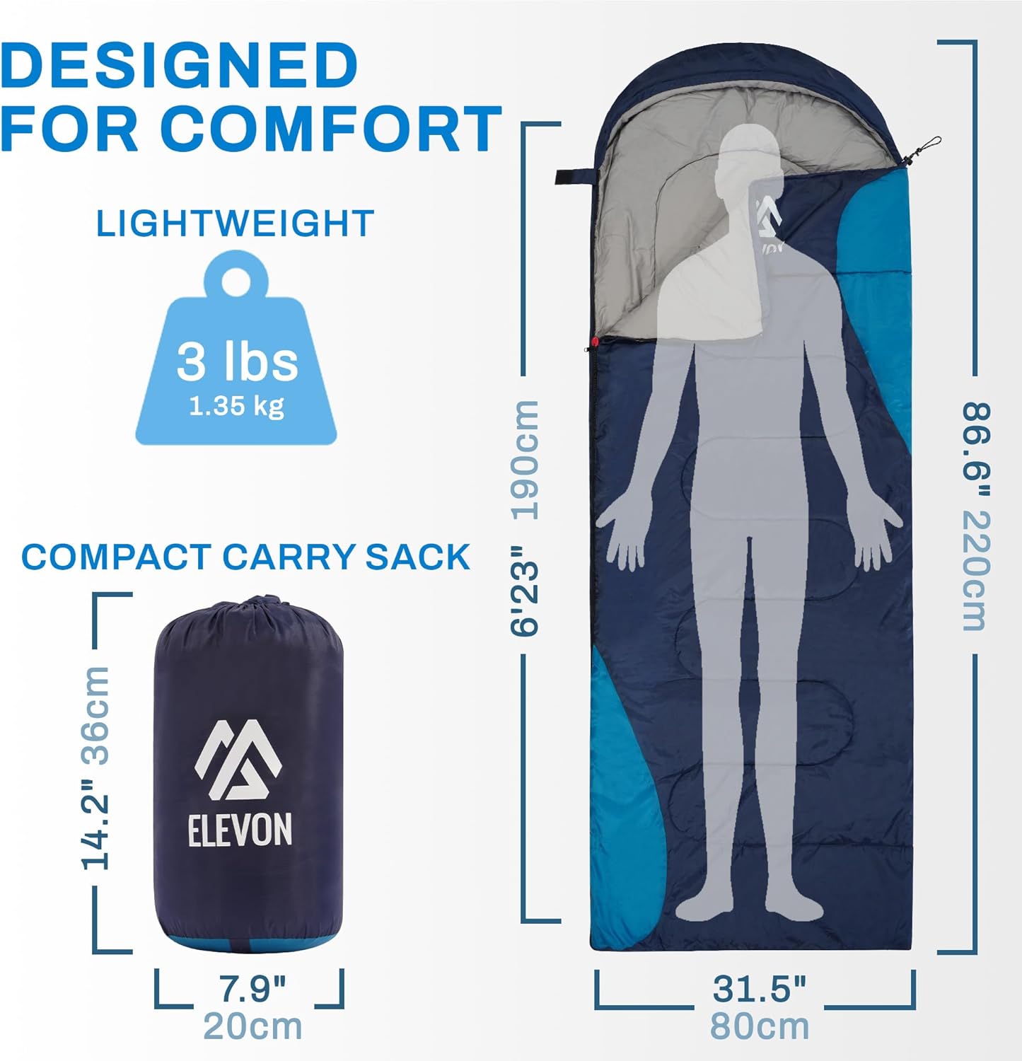 Elevon Sleeping Bag for Adults Teens Kids Cold Warm Weather, Portable Waterproof & Lightweight, Compact with Compression Sack, for 3-4 Seasons Camping, Backpacking, Hiking, Travel, Indoors Outdoors