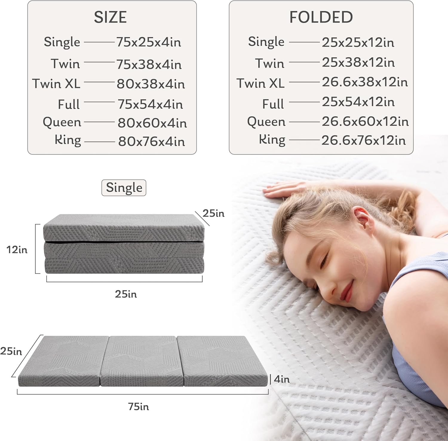 MLILY Tri-Fold Memory Foam Mattress, 4 inch Single Folding Mattress with Collapsible and Washable Cover, Travel and Guest Mat, 75"×25"×4", Grey