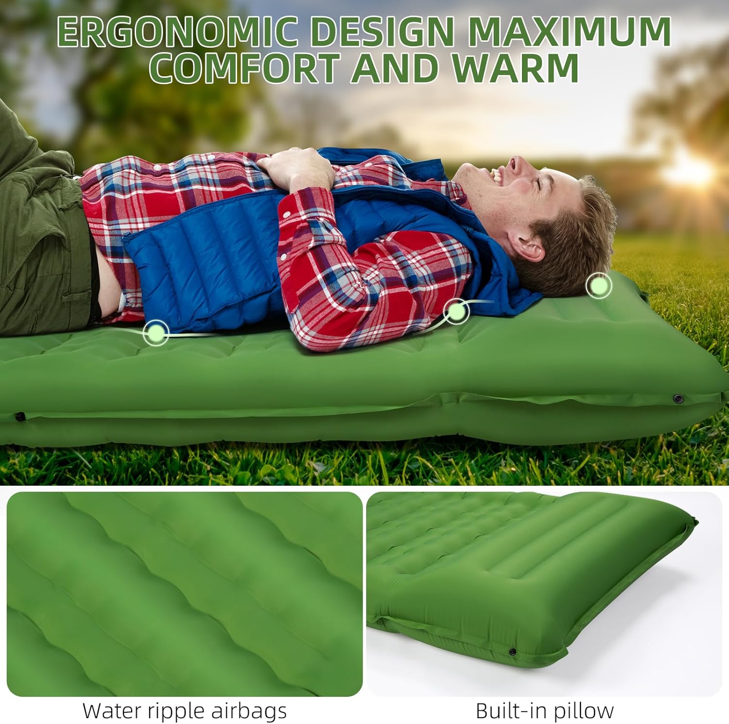 Alternative view of FNARMW Camping Sleeping Pad, Extra Thick 5 Inch Camping Mat with Pillow Built-in Foot Pump Inflatable Sleeping Pads Compact for Camping Backpacking Hiking Traveling Tent（Green）