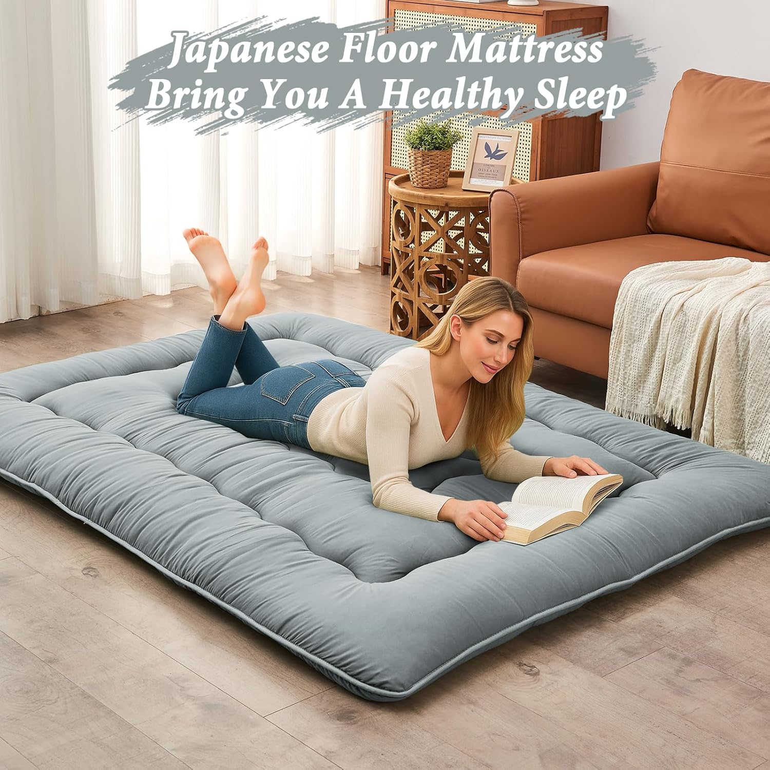 DAICO Japanese Floor Mattress, 4'' Thicken Futon Mattress Tatami Mat, Sleeping Pad Foldable Roll Up Mat for Camping and Guest Room, Twin Size 39''*80'', Grey