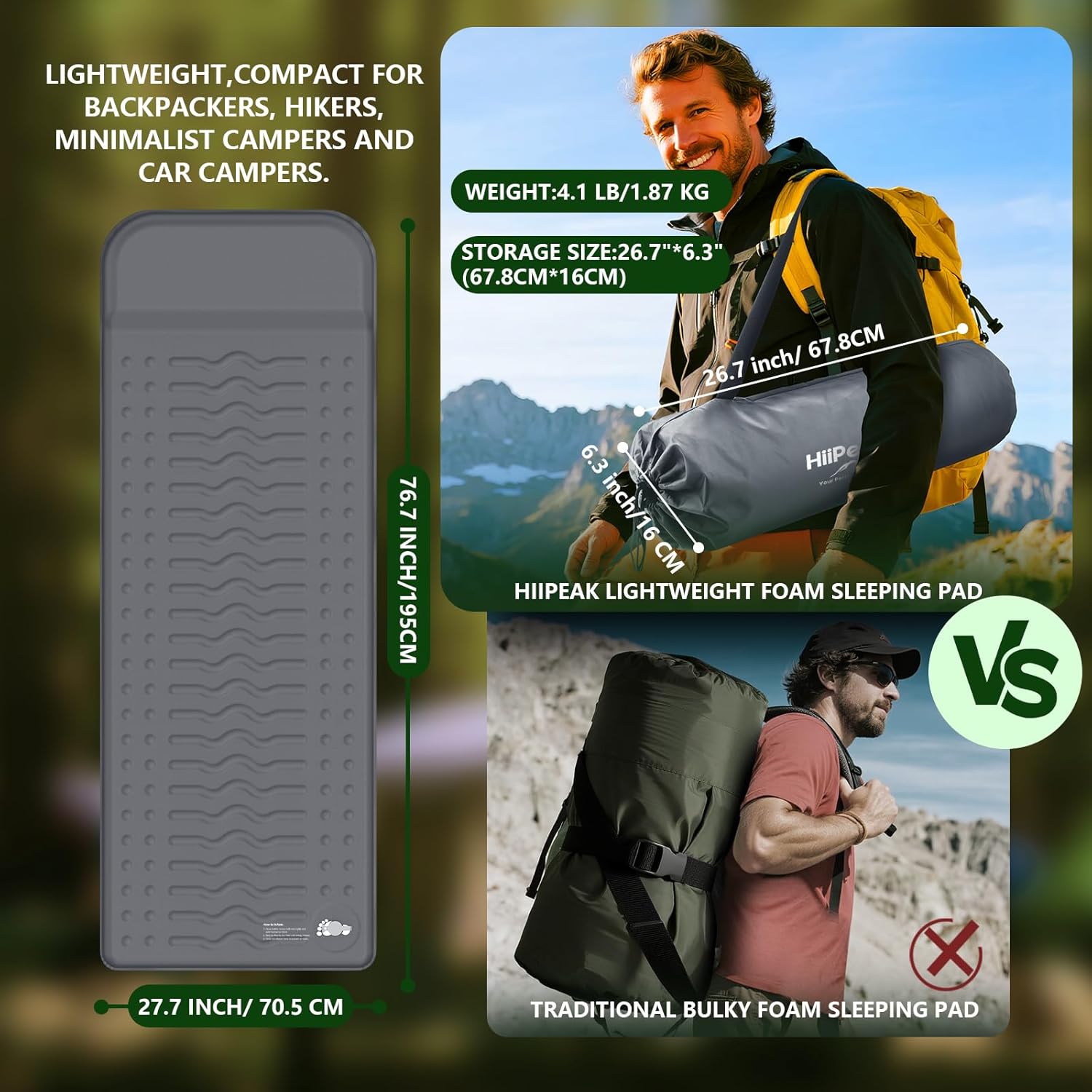 HiiPeak Memory Sleeping Pad, Compact 3" Thick Foam Sleeping Mats with Pillow, 9.5 R-Value Insulated Camping Mattress Pad, Easy Inflate & Deflate, Inflatable Sleep Mat for Backpacking Hiking Car Tent