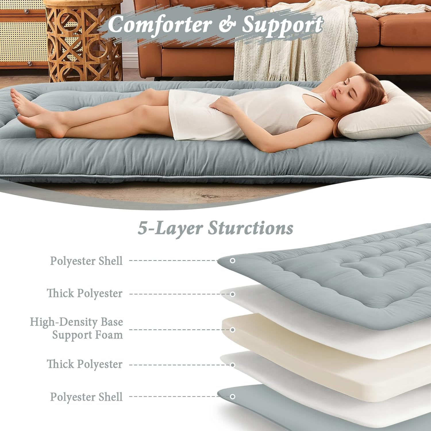 Alternative view of DAICO Japanese Floor Mattress, 4'' Thicken Futon Mattress Tatami Mat, Sleeping Pad Foldable Roll Up Mat for Camping and Guest Room, Twin Size 39''*80'', Grey