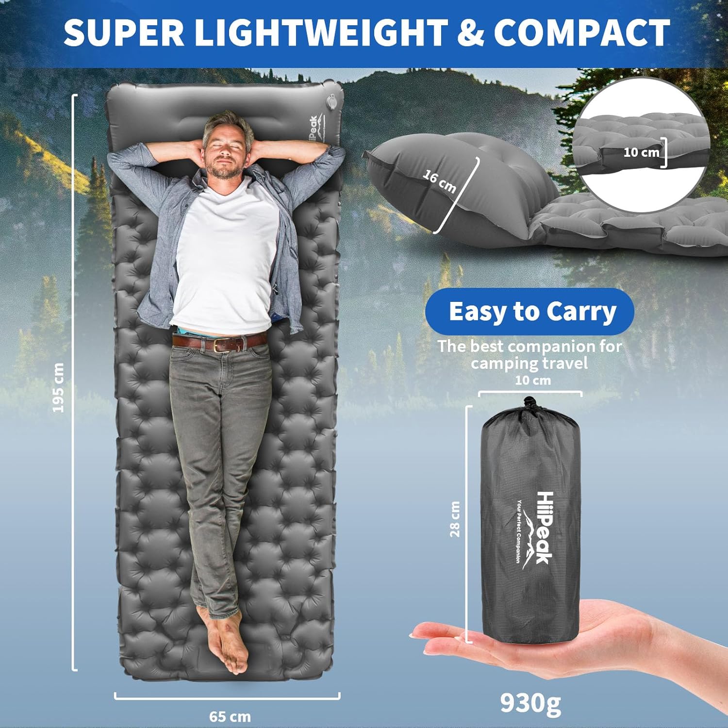 HiiPeak Sleeping Pad for Camping- Ultralight Inflatable Sleeping Mat with Built-in Foot Pump & Pillow, Upgraded Compact Camping Air Mattress for Camping, Backpacking, Hiking