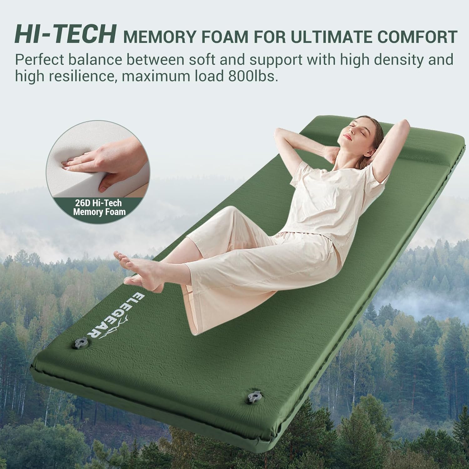 Elegear CumbreX™ Self Inflating Sleeping Pad, 3.15" Ultra-Thick Memory Foam Camping Pad with Pillow Fast Inflating in 20s Insulated Camping Mattress Pad 4-Season Camp Sleeping Mat for Camp/Travel/Tent