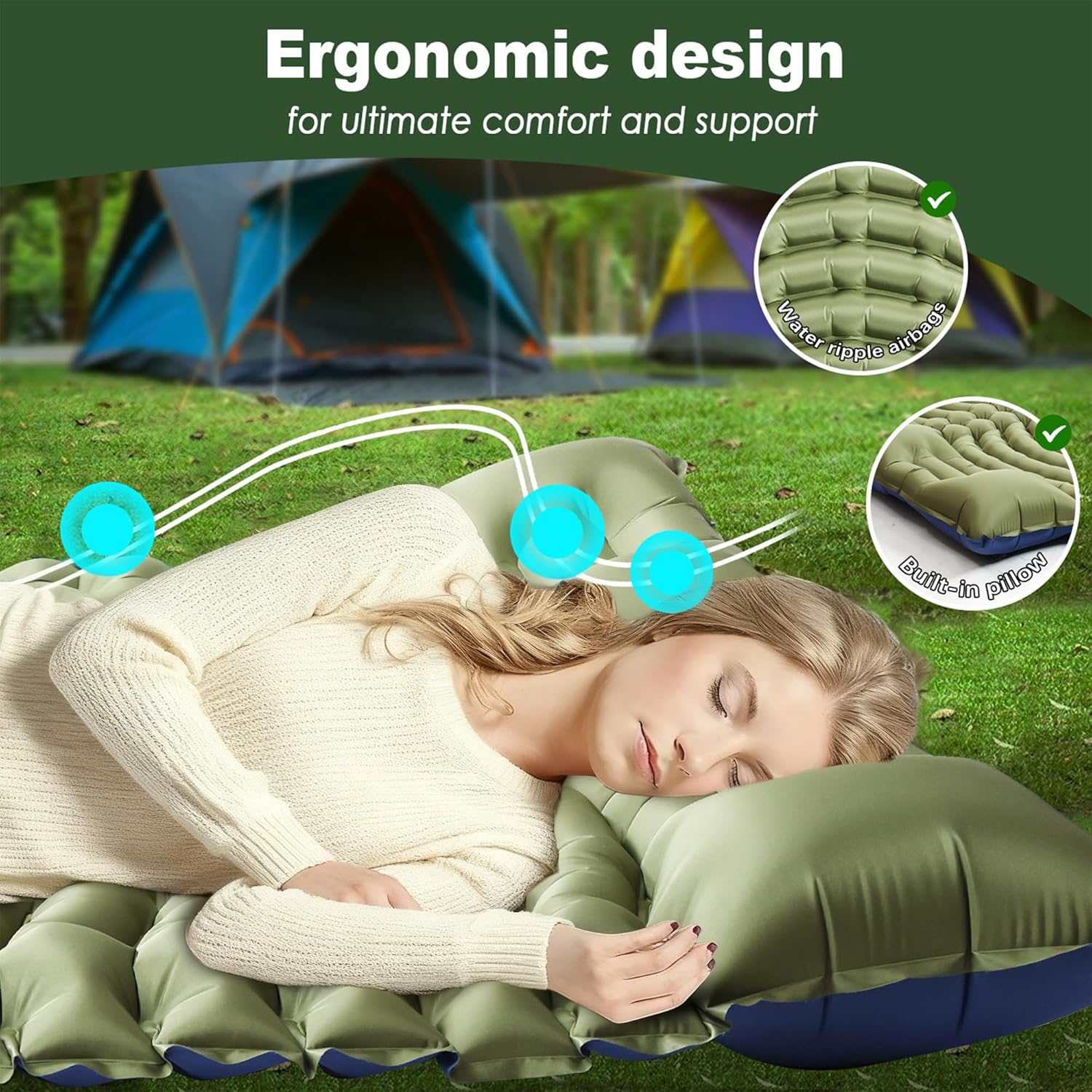 Alternative view of Pretyw Double Sleeping Pad for Camping - Ultralight Camping Mattress with Pillow, Built-in Foot Pump, Compact Inflatable 2-Person Portable Mat for Backpacking, Hiking, Car Traveling, Beach, Tent