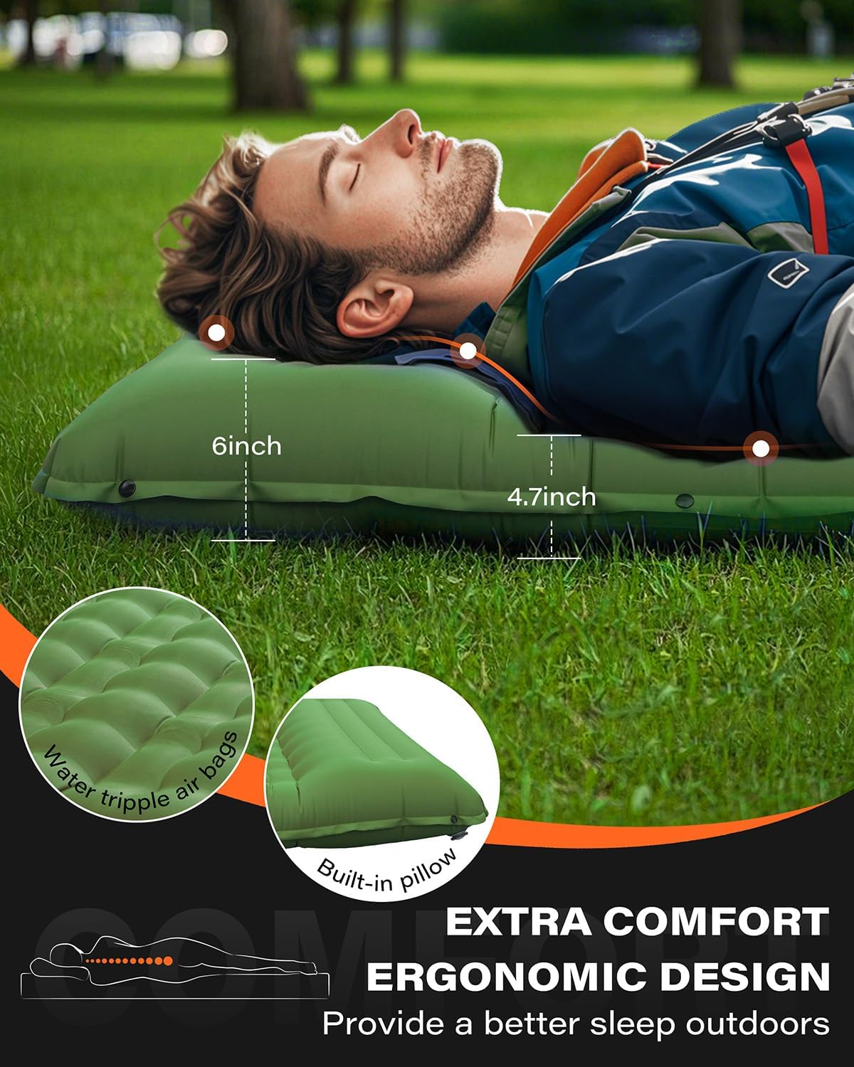 A2C 2025 Stocking Stuffers Foot Pump Thick Camping Sleeping Pad Will Built-in Pillow, Extra Support Air Columns, Ideas, Camping Essentials, Green