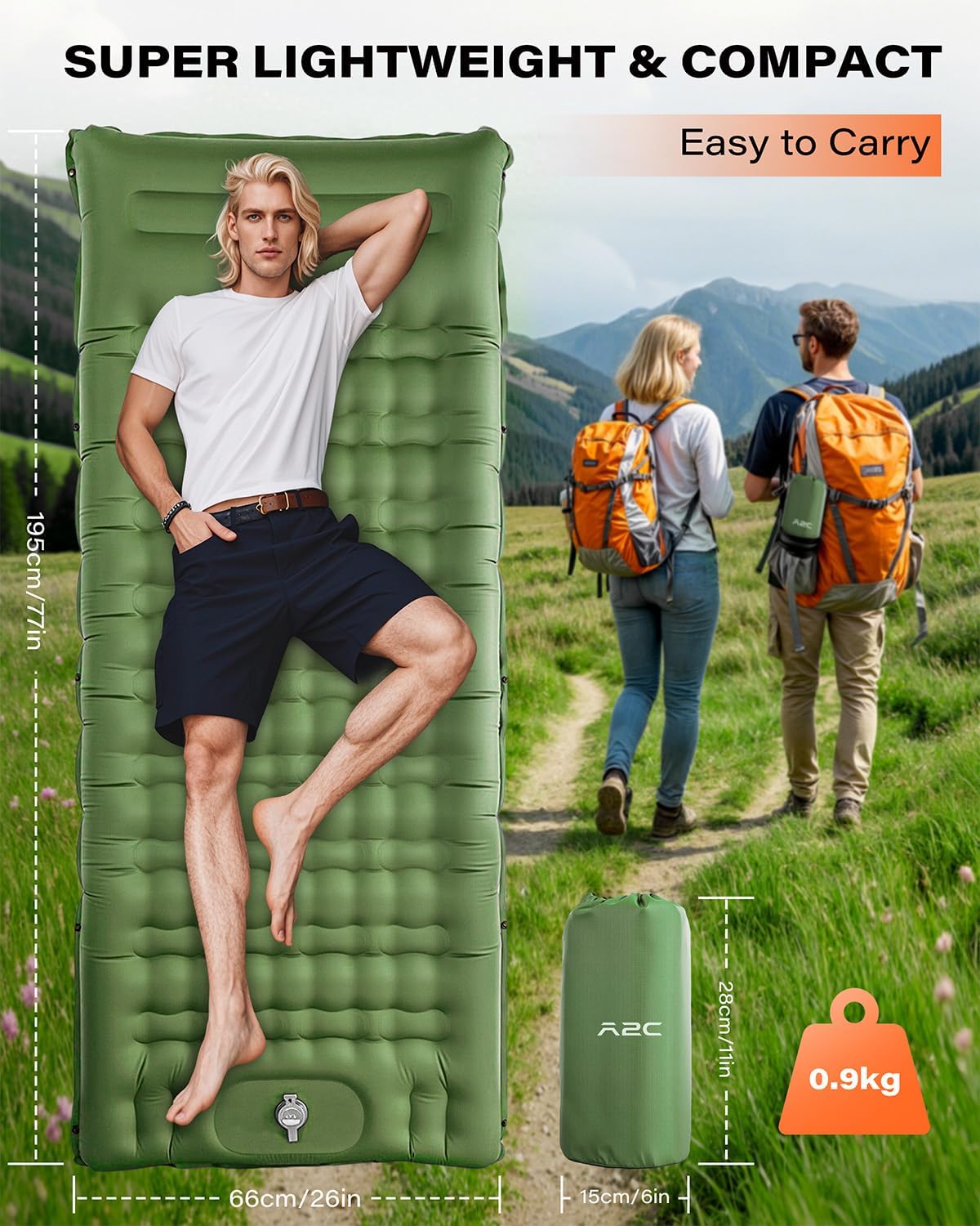 Alternative view of A2C 2025 Stocking Stuffers Foot Pump Thick Camping Sleeping Pad Will Built-in Pillow, Extra Support Air Columns, Ideas, Camping Essentials, Green