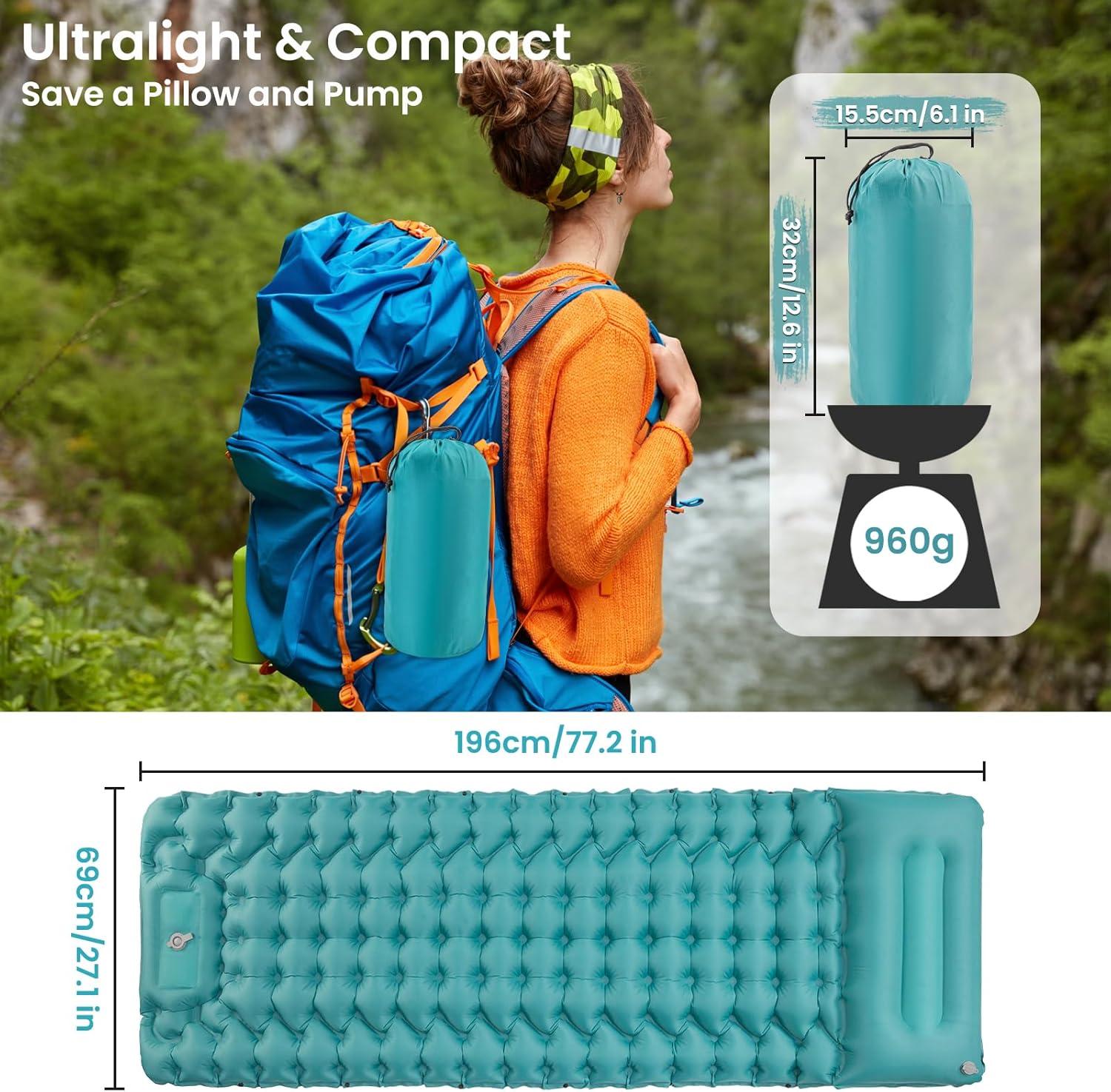 Inflating Sleeping Pad Mattress for Camping: Inflatable Camping Bed with Built-in Foot Pump for Tent - 4" Extra Thick Mat Air Cot for Floor - Blue