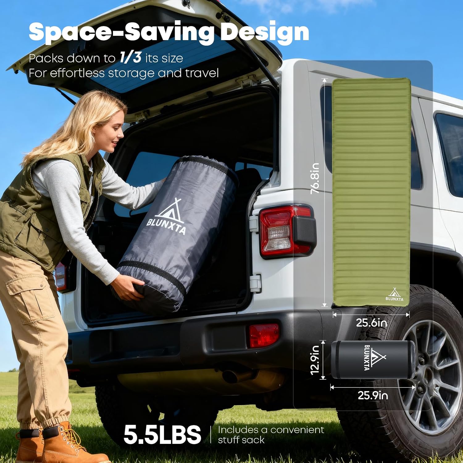 blunxta Self Inflating Sleeping Pad with Electric Pump, 4 Inch Ultra Thick Memory Foam Camping Sleeping Pad, Effortless Automatic Inflation, 9.5 R-Value Insulated Air Mattress for Car Travel, Green