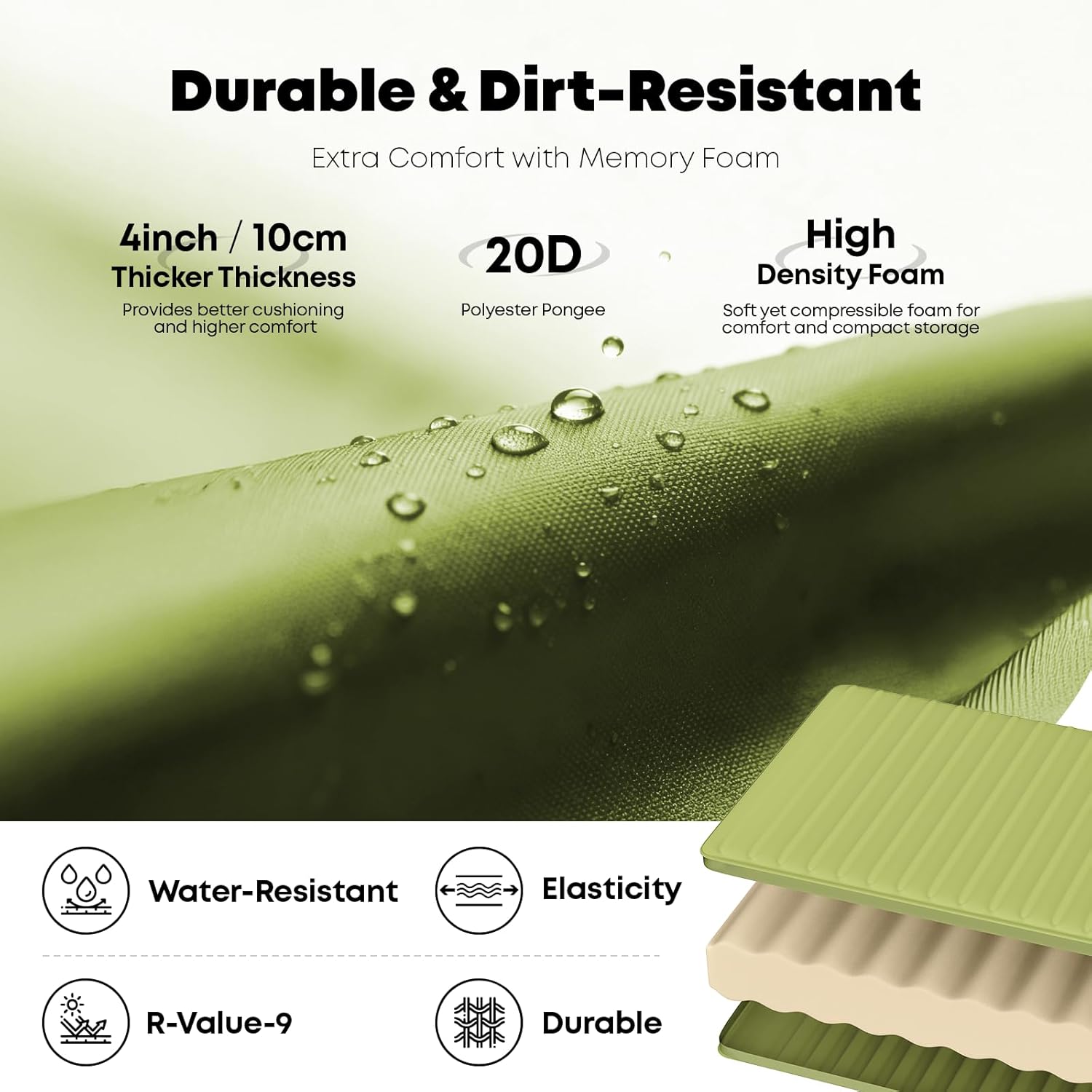 Alternative view of blunxta Self Inflating Sleeping Pad with Electric Pump, 4 Inch Ultra Thick Memory Foam Camping Sleeping Pad, Effortless Automatic Inflation, 9.5 R-Value Insulated Air Mattress for Car Travel, Green