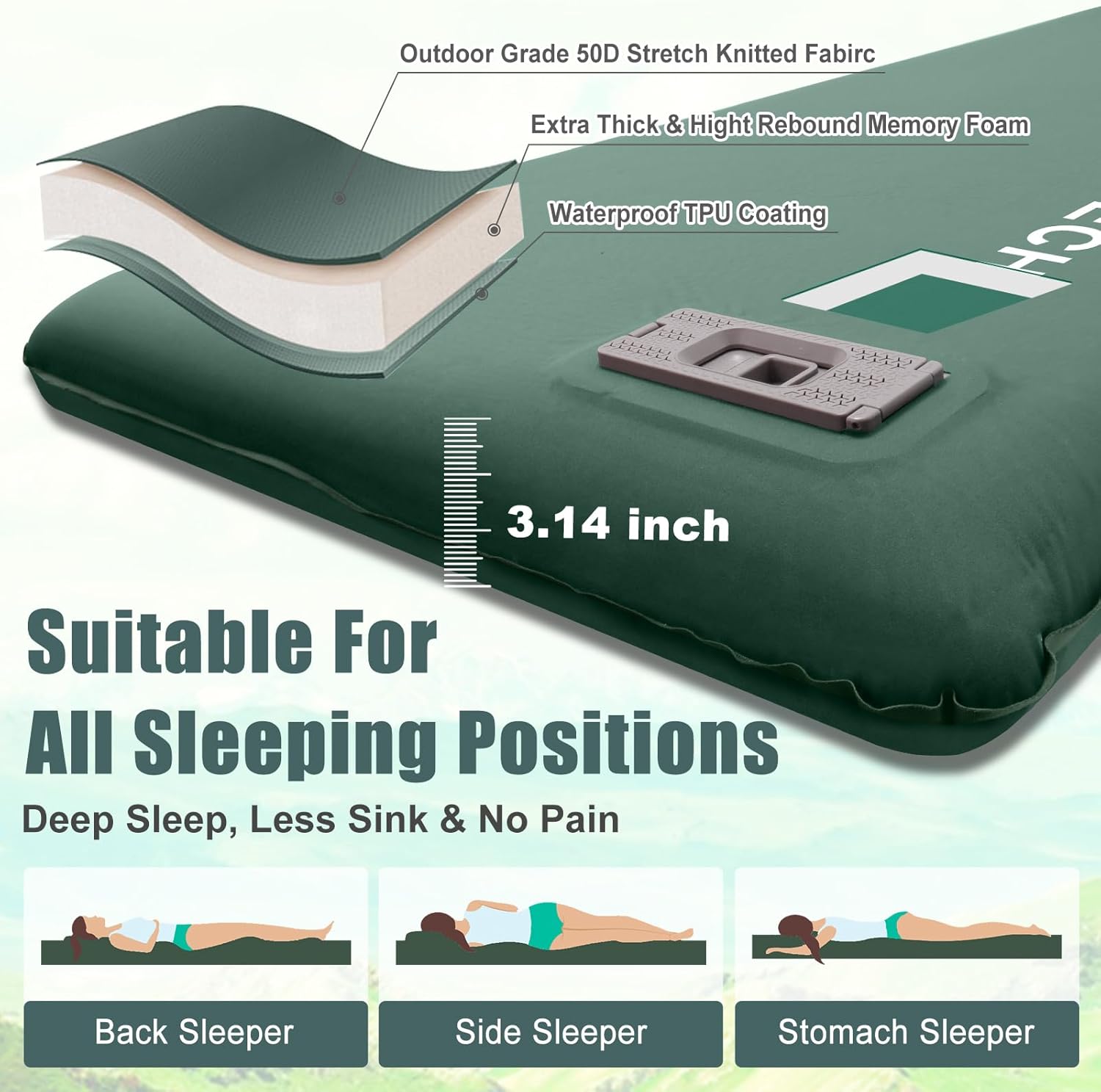 Alternative view of Self Inflating Sleeping Pad with Electric Pump, 3.14" Ultra-Thick Memory Foam Sleeping Mats for Camping,Easy Inflate&Deflate,9.5 R-Value Insulated Camping Mattress Pad with Pillow for Car Travel Tent