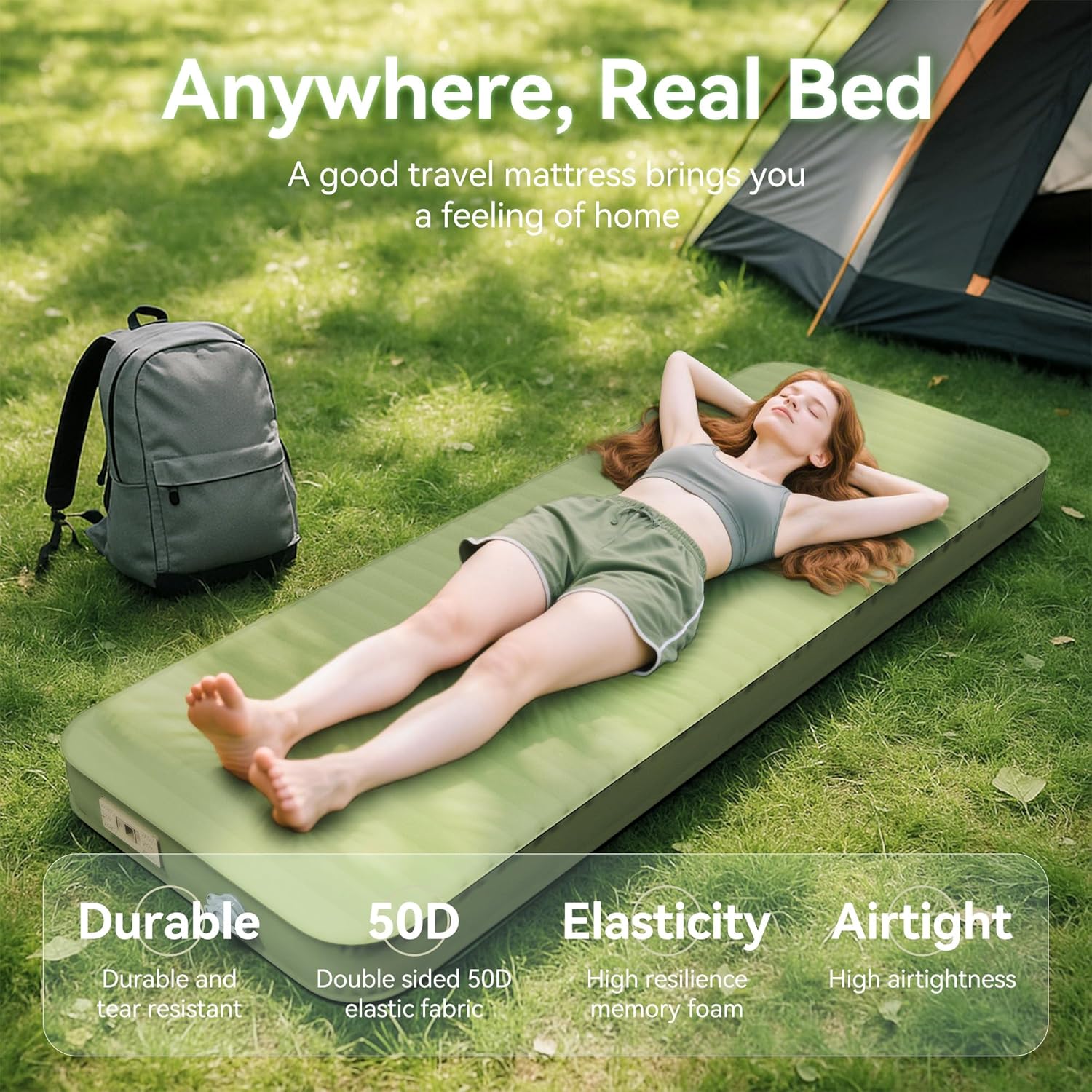 Alternative view of PineHike Camping Sleeping Pad, 4" Ultra-Thick Memory Foam Camping Mat with Built-in Electric Pump, 9.5 R-Value Insulated Self Inflating Air Mattress Sleeping Pads for Car Travel Tent Essentials
