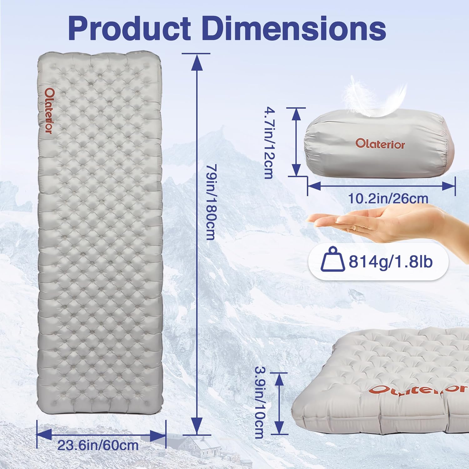 Olaterior Ultralight Sleeping Pad 28oz, 7.2 R Insulated Inflatable Sleeping Pad, Lightweight Sleeping Mat for Camping, Hiking, Backpacking, Climbing with Inflatable Bag, Regular (70.9 × 23.6in)