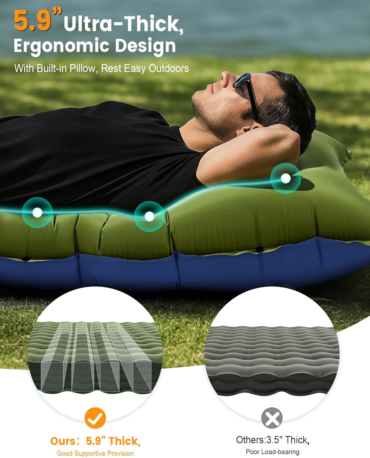 Alternative view of LLUAII Camping Sleeping Pad,5.9 Inch Thick Camping Mat with Built in Pillow and Foot Pump,Self Inflating Sleeping Pad Ultralight for Camping Backpacking Tent（Green