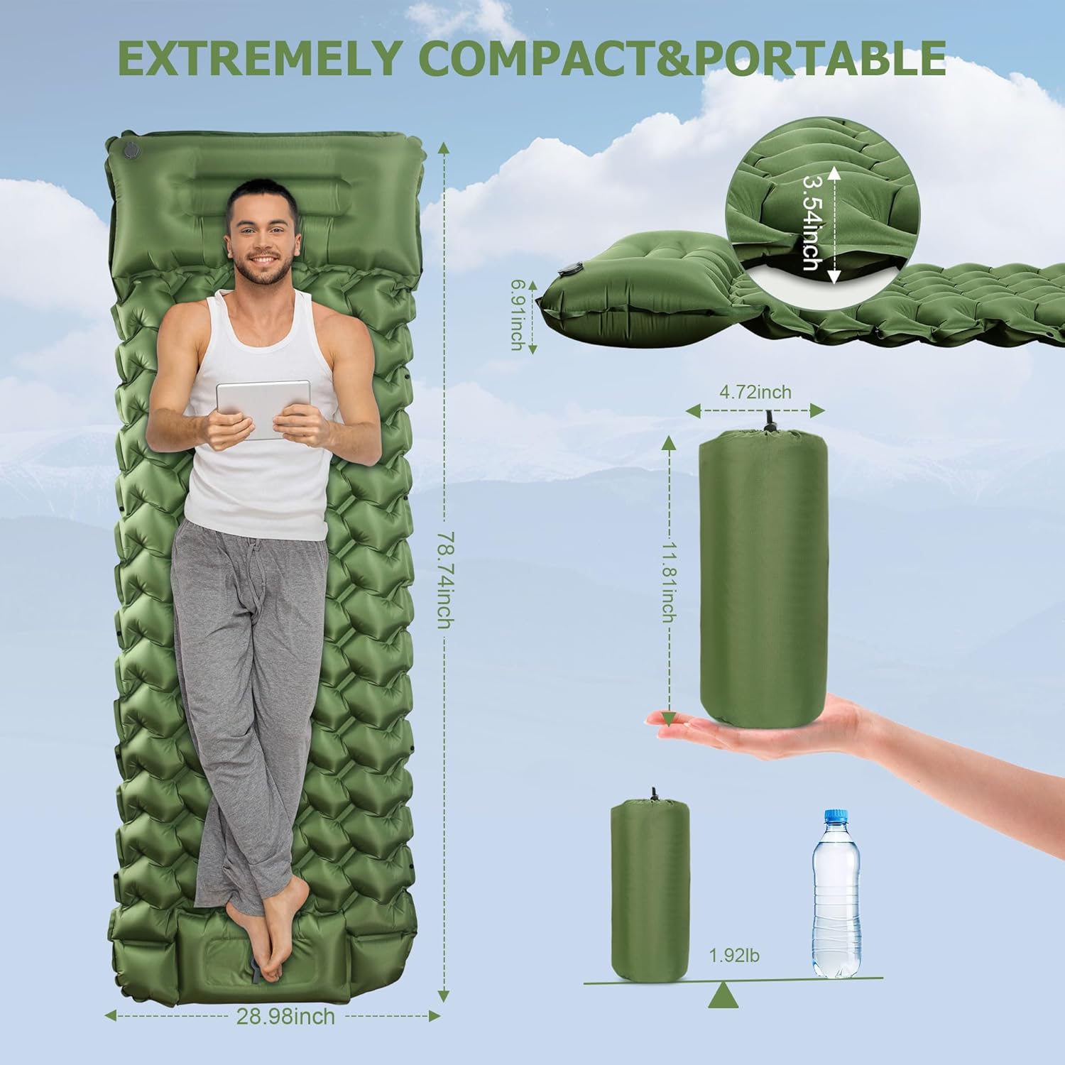 Toncoke Sleeping Pad, Extra Thick & Ultralight Inflatable Sleeping Pad with Pillow, 30s Foot Pump, 3.54u201D Camping Mat for Comfort, Durable for Camping, Hiking, Backpacking
