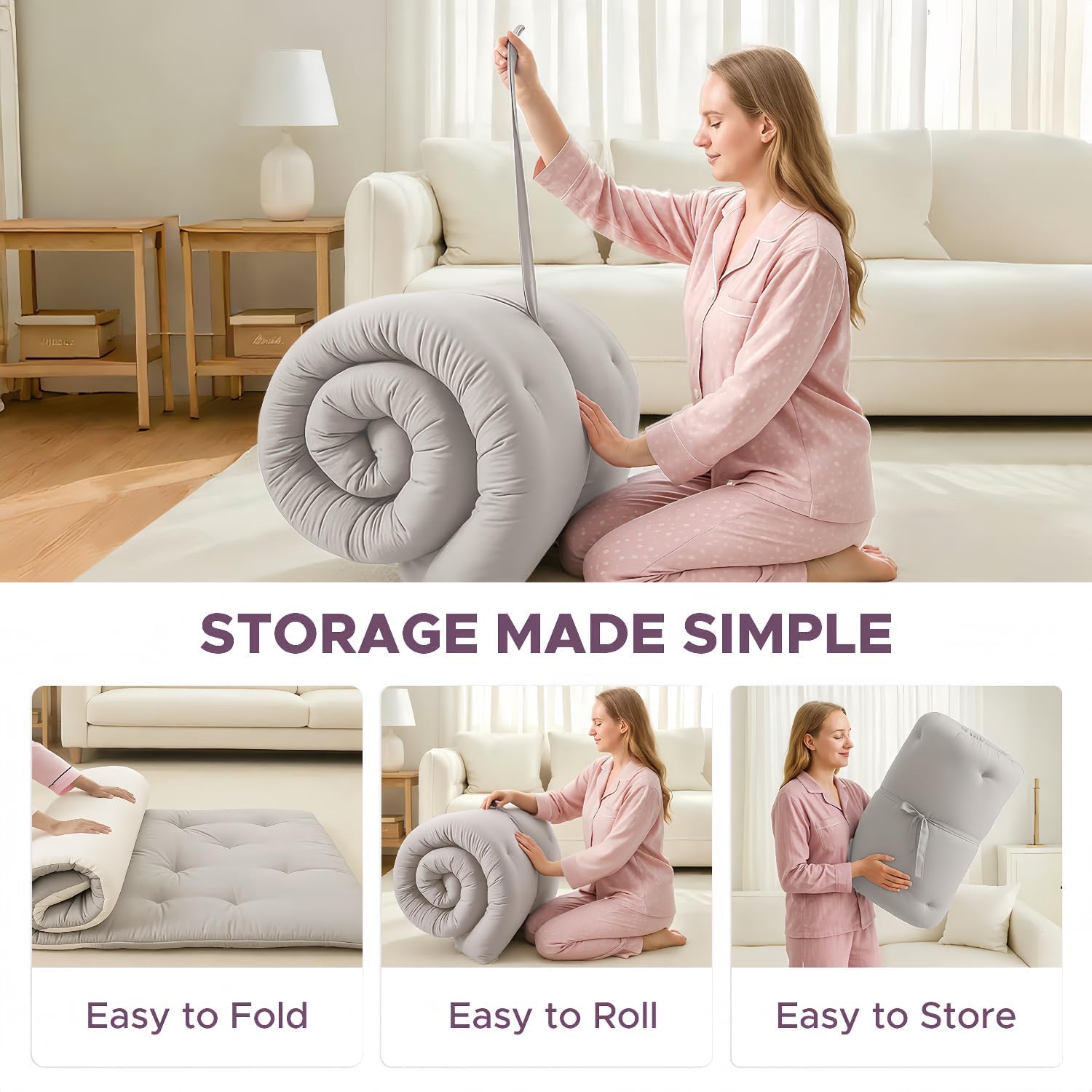 Japanese Floor Futon Mattress, 100% Cotton 2.5" Thicken Foldable Mattress Tatami Mat Sleeping Pad, High Density Foam, Ideal for Comfort and Support, Kids Floor Lounger Pillow Bed Sofa, Grey, Twin