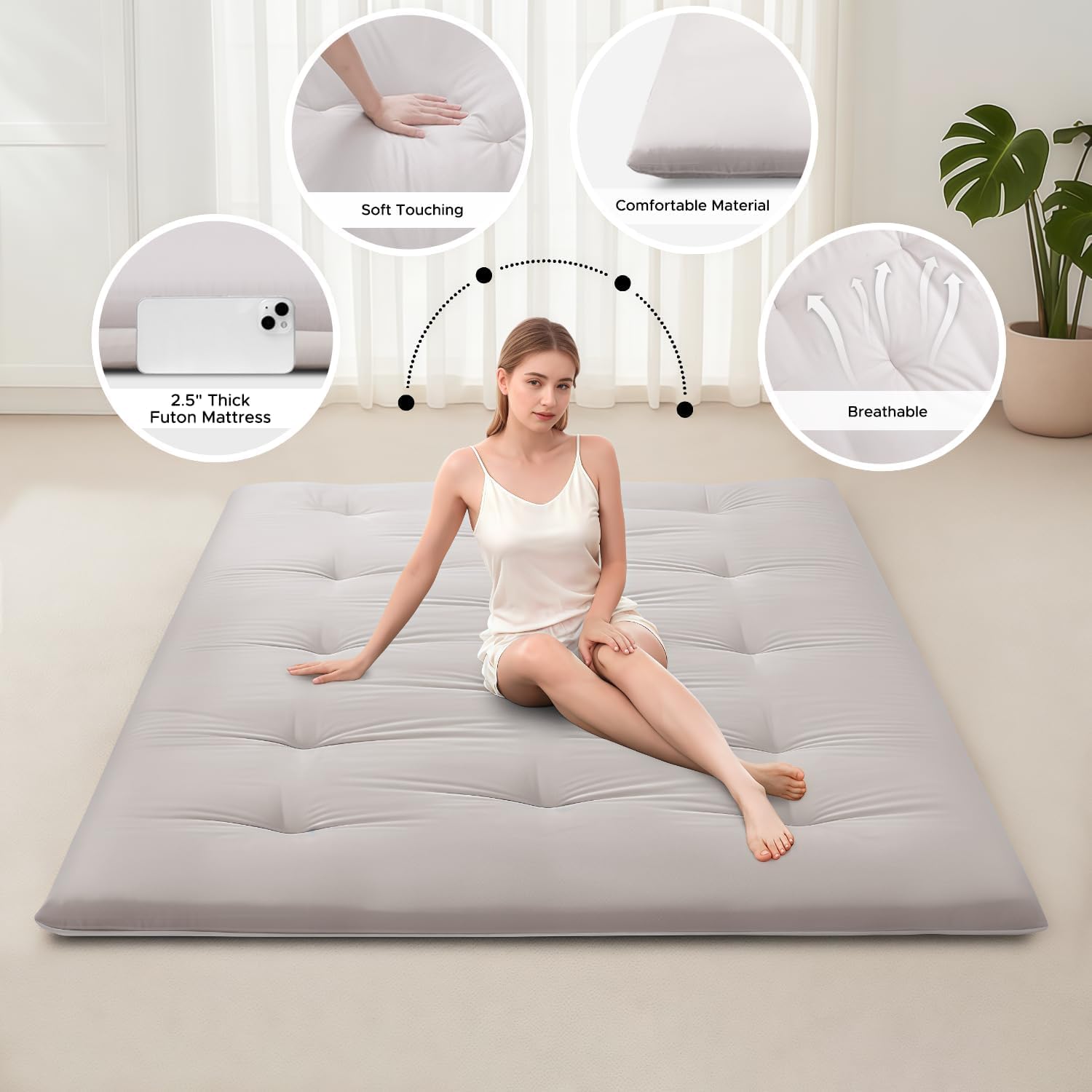 Alternative view of Japanese Floor Futon Mattress, 100% Cotton 2.5" Thicken Foldable Mattress Tatami Mat Sleeping Pad, High Density Foam, Ideal for Comfort and Support, Kids Floor Lounger Pillow Bed Sofa, Grey, Twin