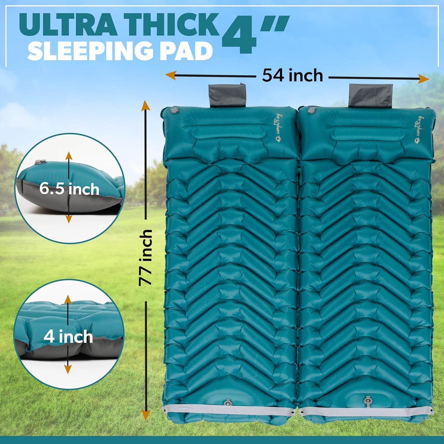 Sleeping Pad with Pillow, Self Inflating Extra-Thick, Ultralight Sleeping Mat, Built-in Pump, Ultimate for Camping, Hiking, Traveling, Airpad, Carry Bag, Compact & Lightweight Air Mattress (Peacock)