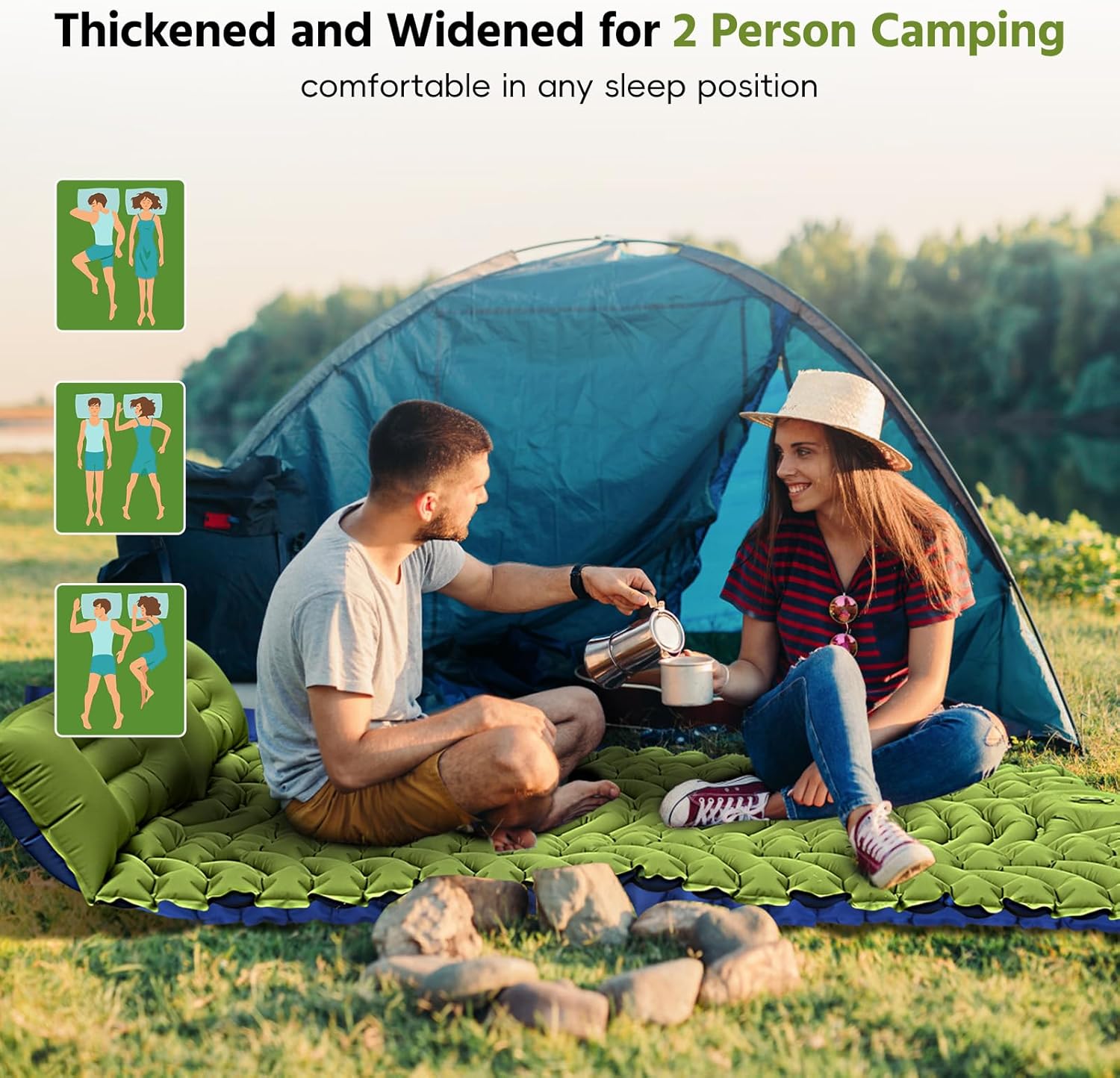 Alternative view of OUTTPLY Double Sleeping Pad for Camping, Self Inflating 4" Extra Thick Camping Sleeping Pad for 2 Person with Pillow, Built-in Foot Pump, Portable Sleeping Mat for Backpacking, Hiking, Travel Tent