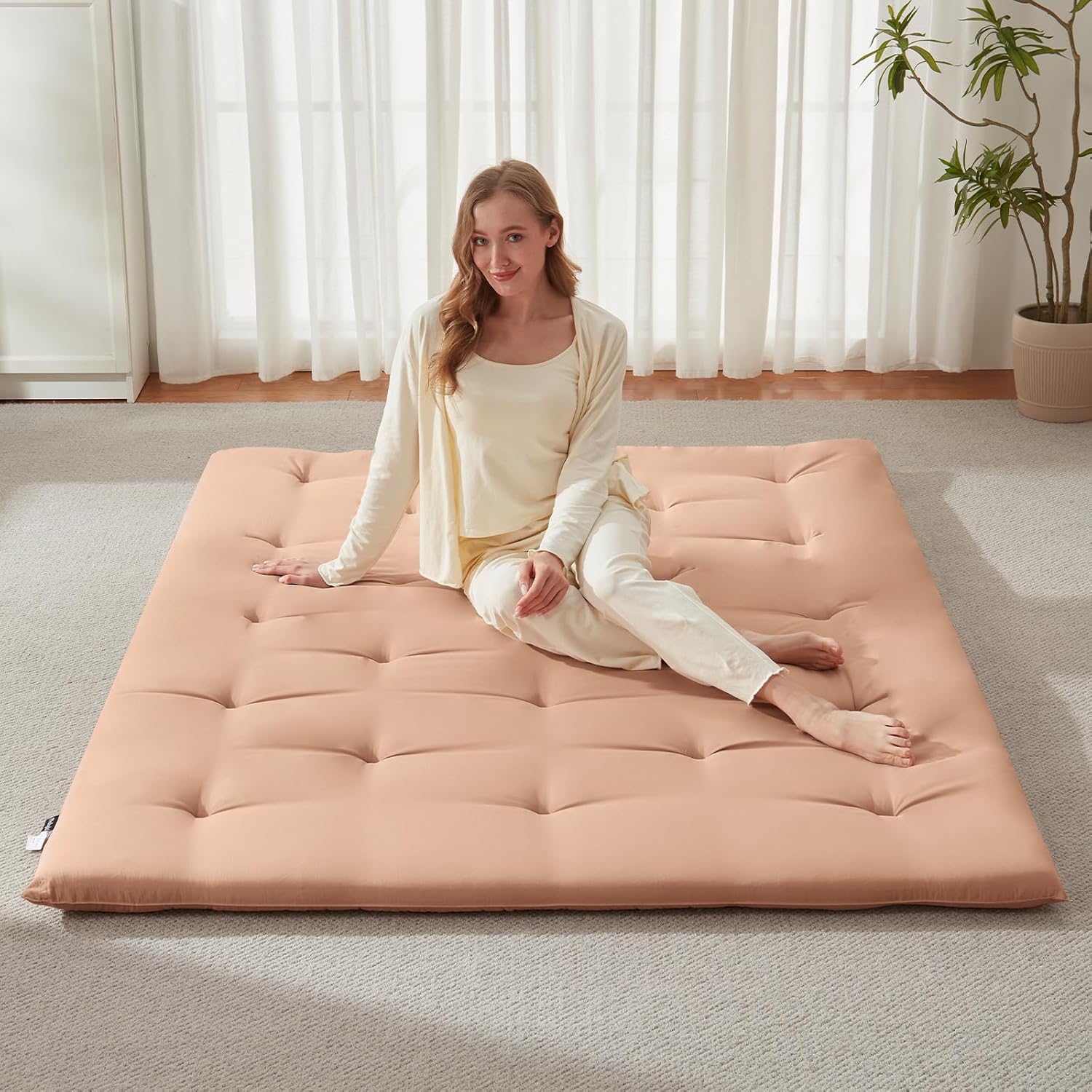 Mollydot Japanese Floor Futon Mattress Twin Size 39"x 80", Foldable Bed Mattress, Portable Tatami Mat Sleeping Pad, Folding Futon Cushion, Roll Up Floor Lounger for Guest Room Dormitory (Khaki)