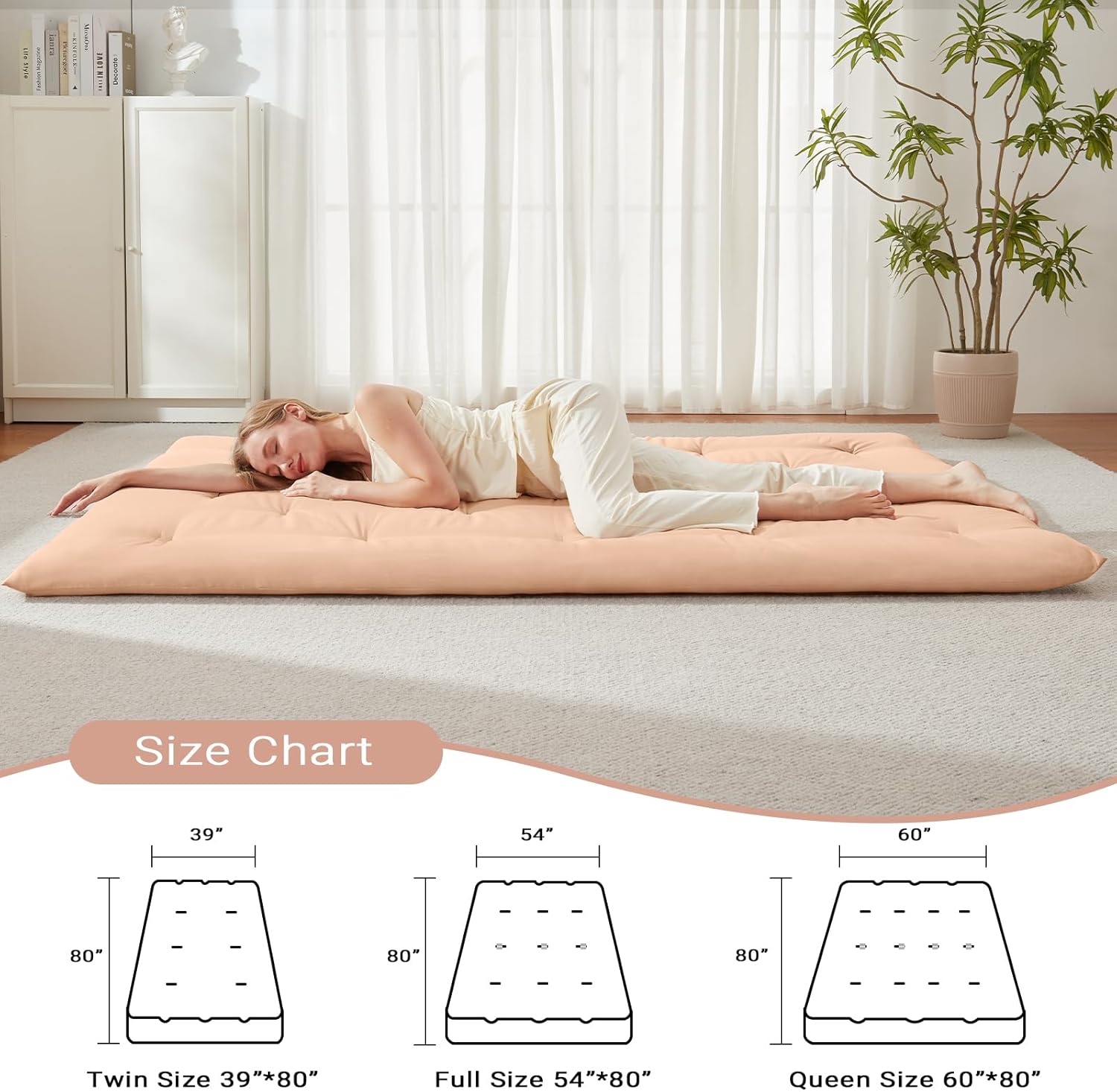 Alternative view of Mollydot Japanese Floor Futon Mattress Twin Size 39"x 80", Foldable Bed Mattress, Portable Tatami Mat Sleeping Pad, Folding Futon Cushion, Roll Up Floor Lounger for Guest Room Dormitory (Khaki)