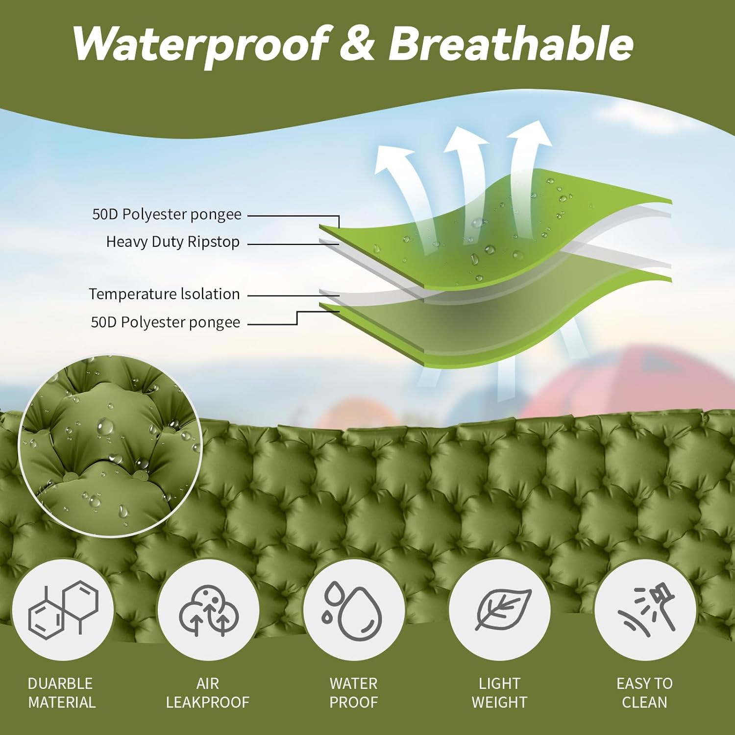 HiiPeak Double Sleeping Pad - Self Inflating 3" Extra-Thick for 2 Person with Pillow Built-in Foot Pump Inflatable Sleeping Mat for Backpacking, Hiking, Traveling, Tent, Portable Camping Mat (Green)