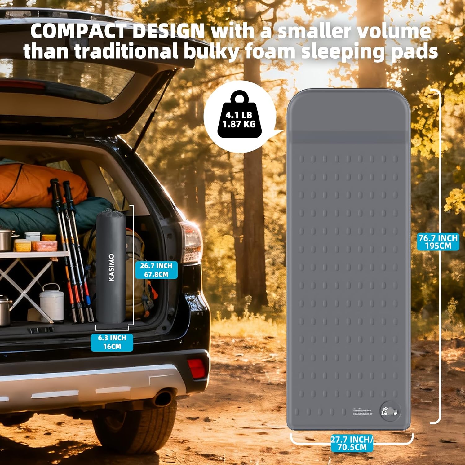 Alternative view of KASIMO Memory Sleeping Pad for Camping, 3" Compact Ultra-Thick Foam Sleeping Mats with Pillow, 9.5 R-Value Insulated Camping Mattress Pad or Car Travel Backpacking Tent,Home