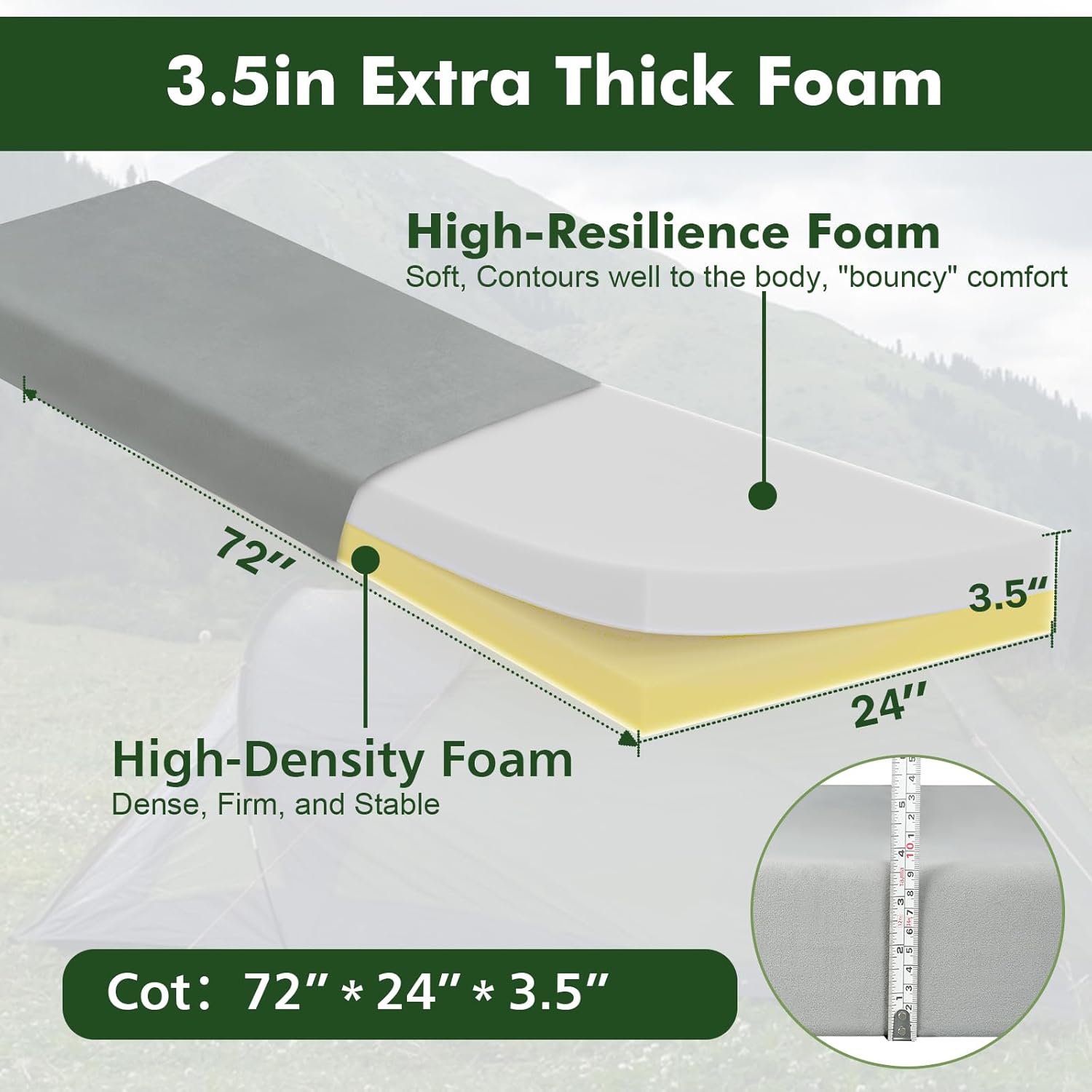 Selectico 3.5" Extra Thick Foam Camping Mattress, Waterproof Cover & Travel Bag, Portable Sleeping Pad for Car/Tent/Cot/SUV/Trunk/Floor/Guest Bed