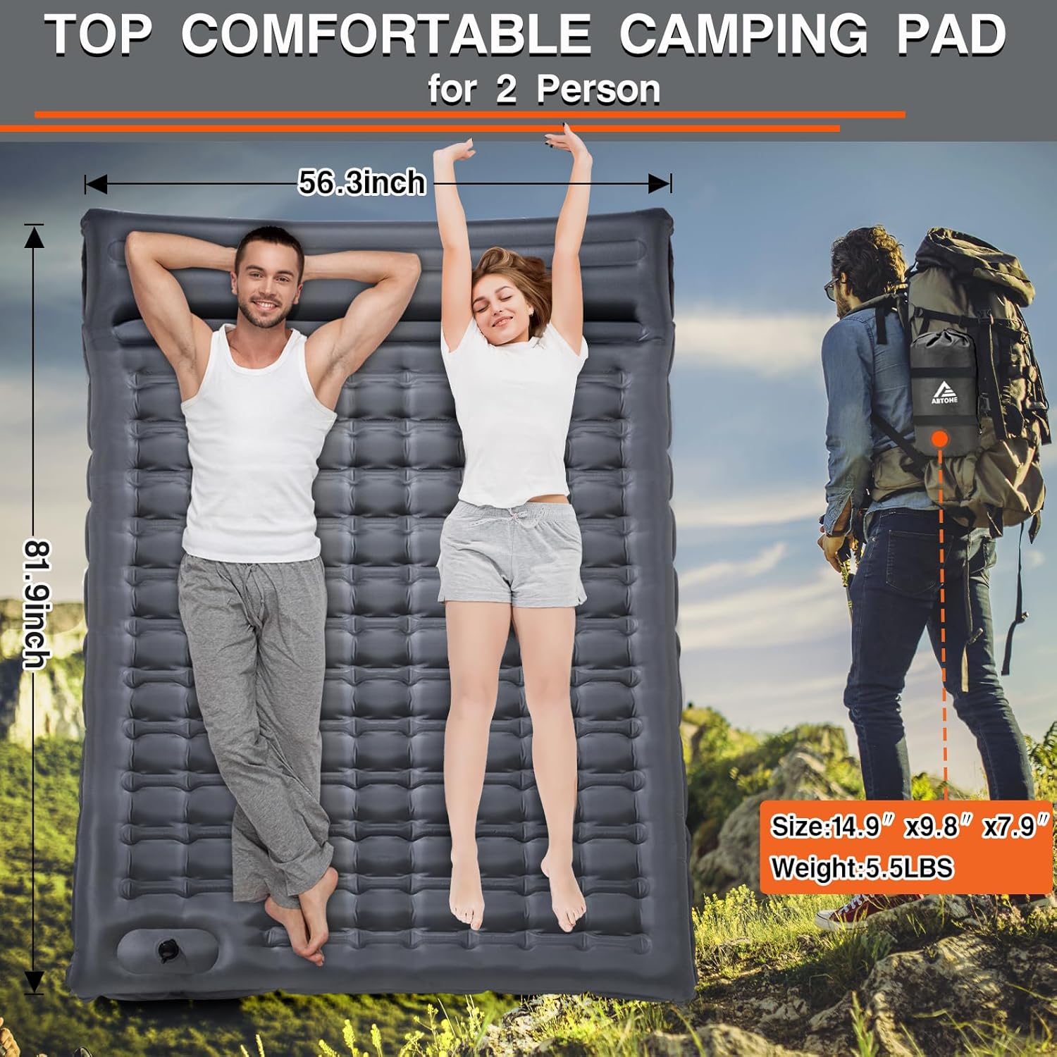 ABTOHE Ultra-Thick 4" Double Camping Sleeping Pad with Built-in Foot Pump - Queen Size Inflatable Mattress for Couples, Backpacking & Outdoor Adventures(Grey-Double)
