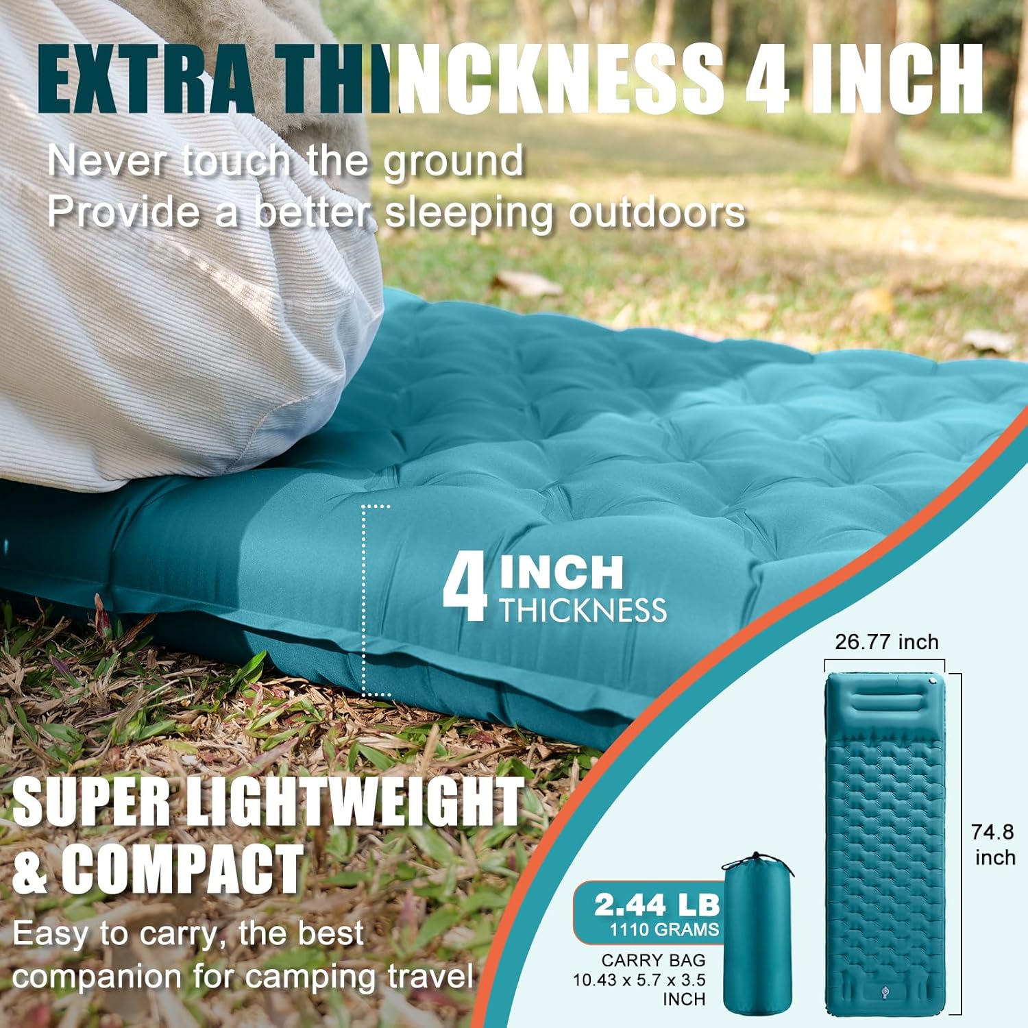 GDREAMT Inflatable Camping Sleeping Pad with Pillow, Extra Thickness 4 Inch Sleeping Mat with Built-in Pump, Compact & Ultralight Camping Air Mattress for Backpacking Hiking Tent Traveling