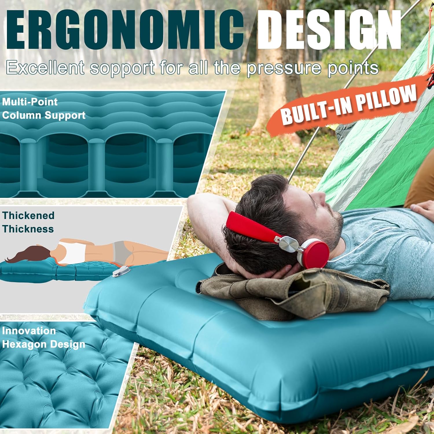 Alternative view of GDREAMT Inflatable Camping Sleeping Pad with Pillow, Extra Thickness 4 Inch Sleeping Mat with Built-in Pump, Compact & Ultralight Camping Air Mattress for Backpacking Hiking Tent Traveling