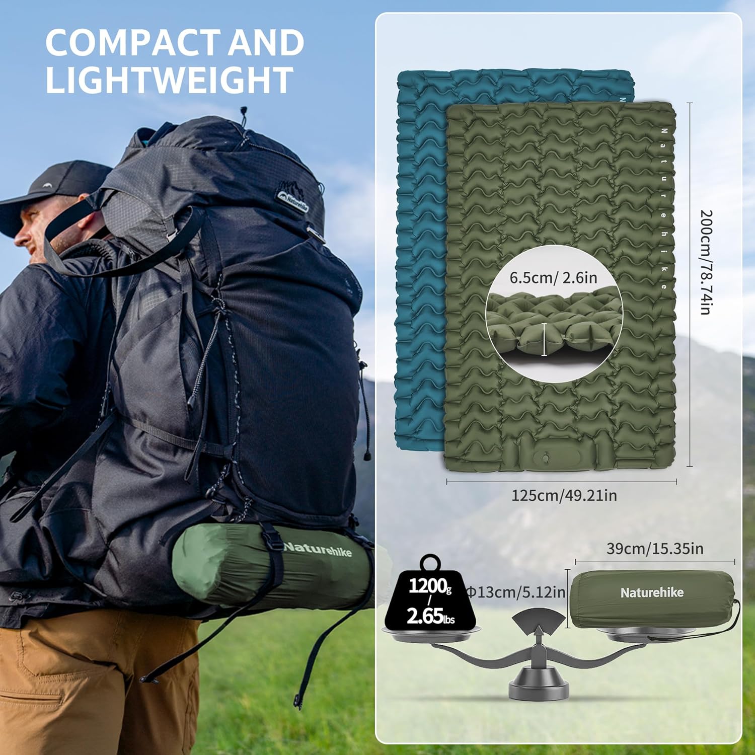 Naturehike Double Camping Sleeping Pad, Ultralight Inflatable Sleeping Mat with Pillow Built-in Pump, 2.6 Inch Lightweight Air Mattress for Backpacking, Hiking, Traveling
