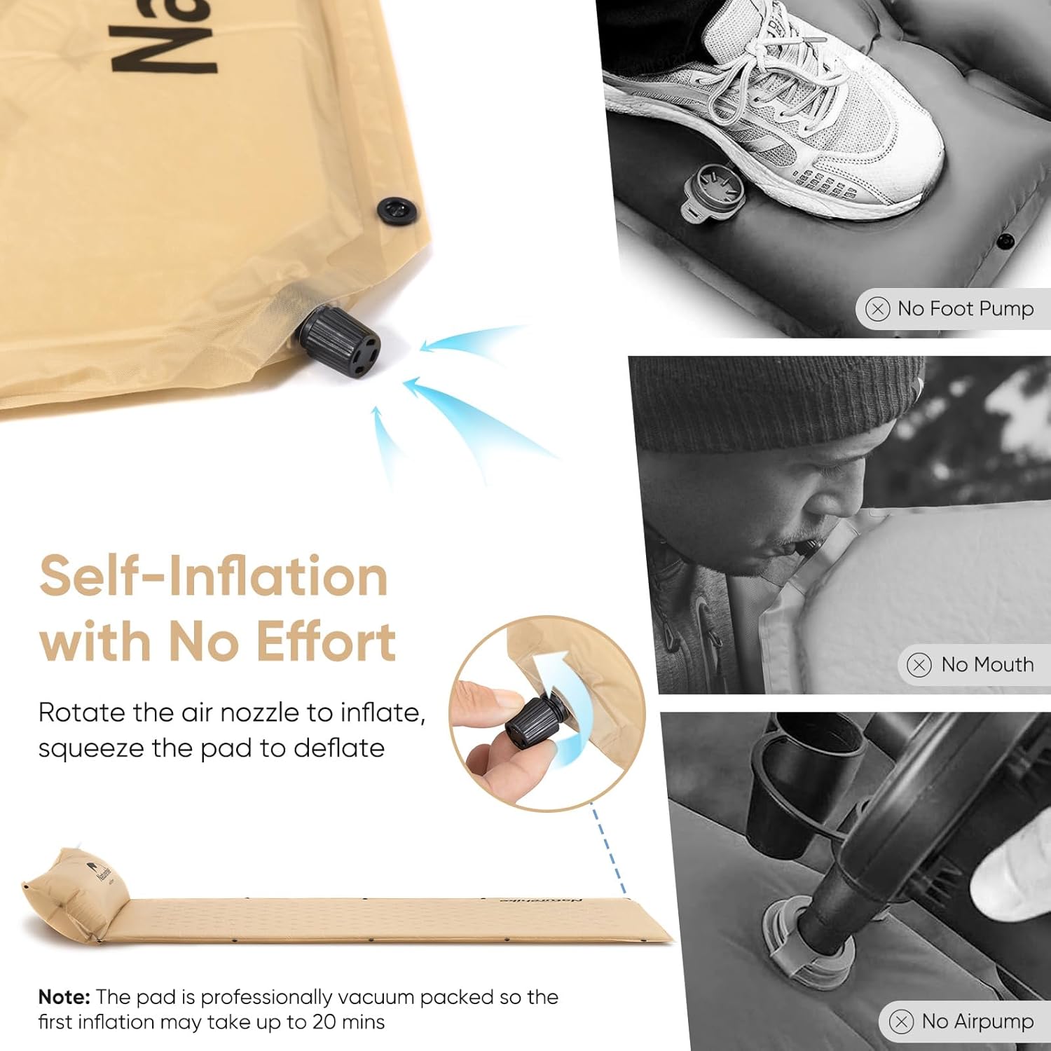 Alternative view of Naturehike Self-Inflating Sleeping Pad, Ultralight Memory Foam Camping Pad with Pillow, Fast Inflating, Patchwork Sleeping Pad for Camping, Hiking, RV Camping, with Storage Bag, Single, Pottery Yellow