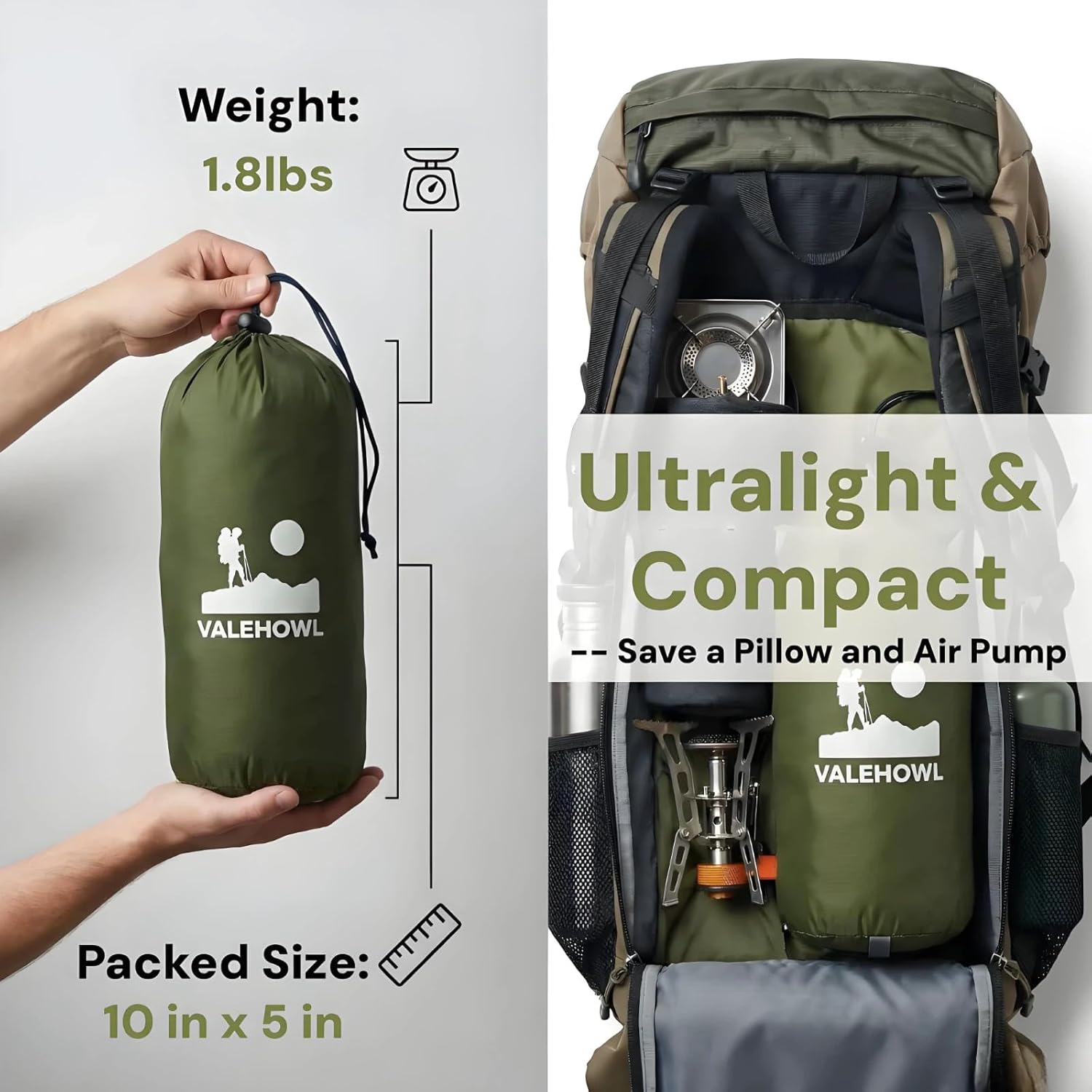 VALEHOWL 1.8 Pounds Ultralight Camping Sleeping Pad - R-Value 3.0 for 4 Seasons, Durable & 100% Waterproof Outdoor Air Mattress, Compact Sleeping Mat for Hiking, Backpacking, Travel