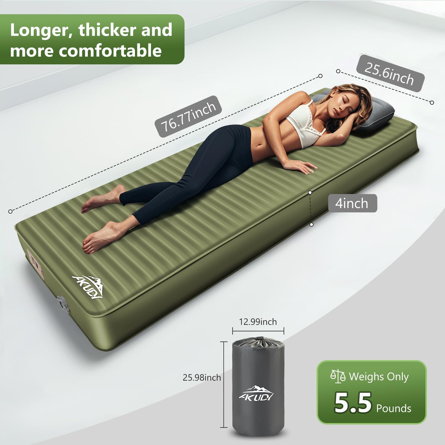 AKUDY Self Inflating Sleeping Pad with Electric Pump, 4" Ultra-Thick Memory Foam Camping Pad with Pillow, 9.5 R-Value Insulated Camping Mattress, Army Yellow