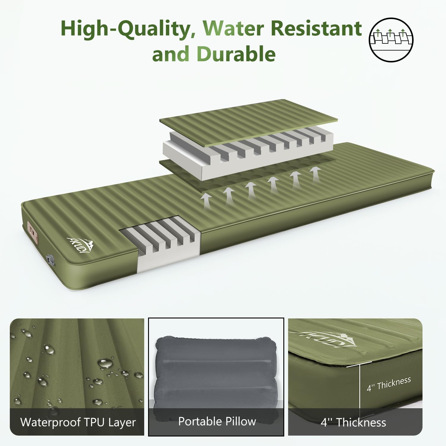 Alternative view of AKUDY Self Inflating Sleeping Pad with Electric Pump, 4" Ultra-Thick Memory Foam Camping Pad with Pillow, 9.5 R-Value Insulated Camping Mattress, Army Yellow