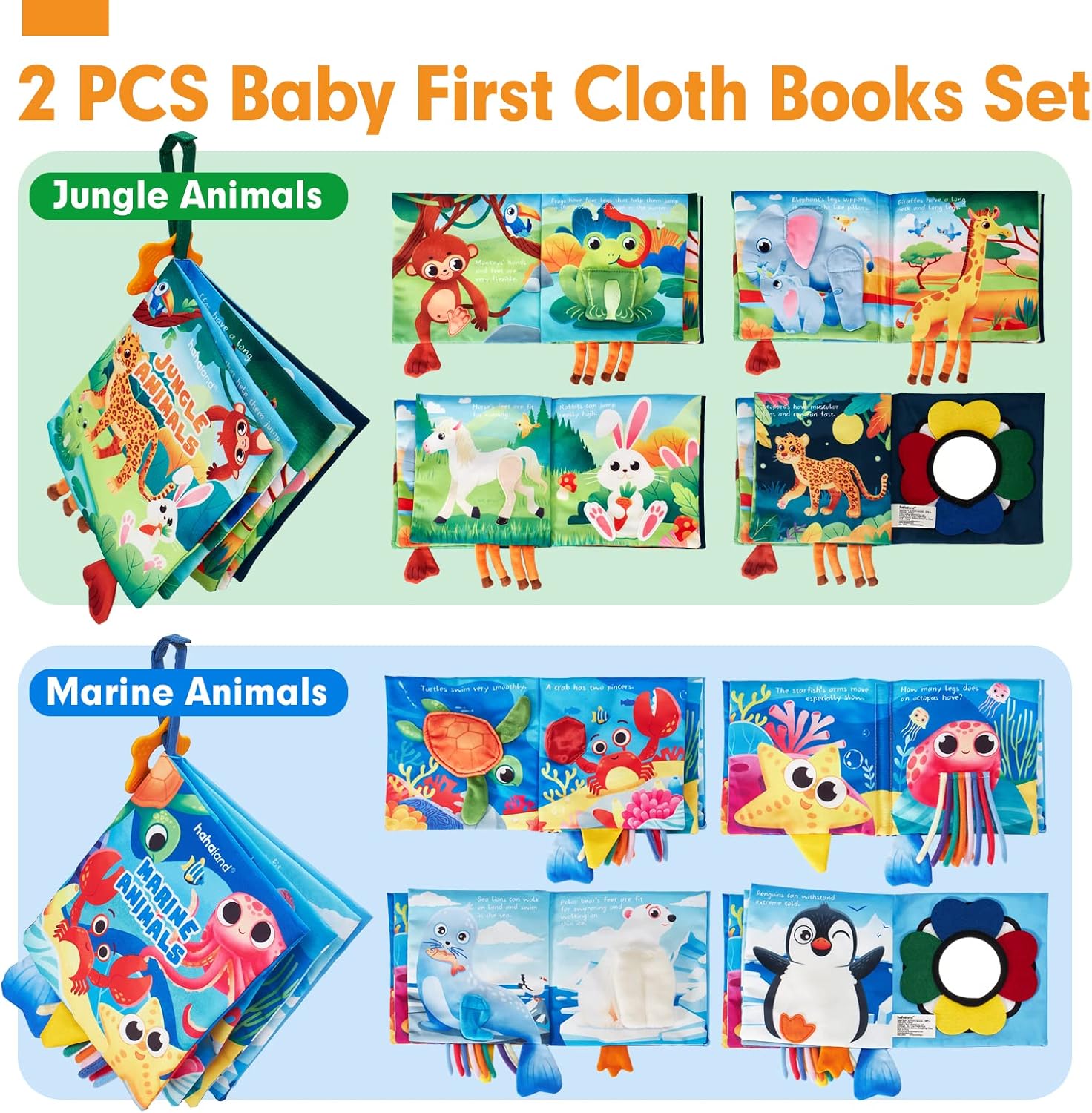 Alternative view of hahaland Baby Books 0-6 Months - 2 PCS Sensory Montessori Toys for Babies 0-6 Months with Crinkle Squeaky Sounds, Mirrors, Teethers - Soft Cloth Tummy Time Book Newborn Infant Toys